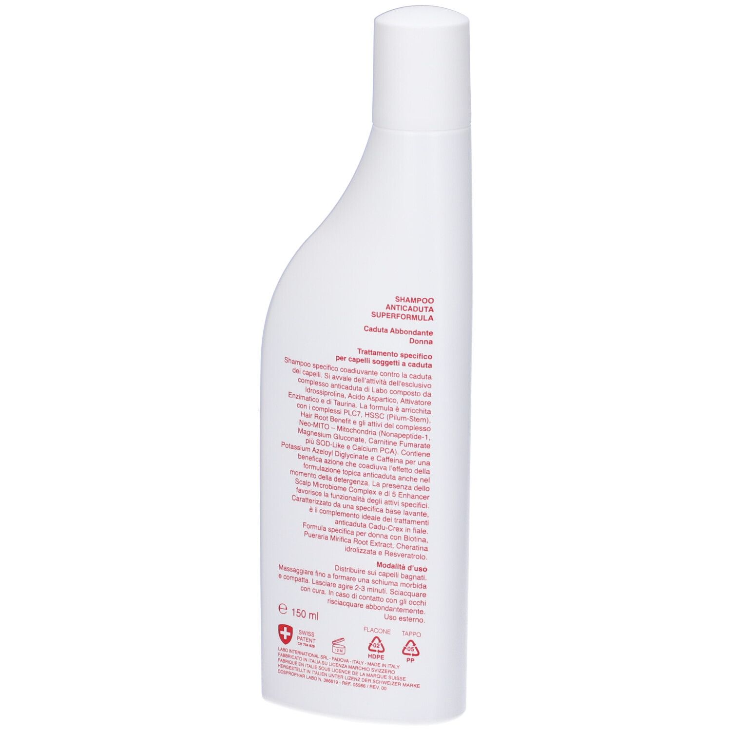 Retro del flacone bianco. Testo: Cadu-Crex Anticaduta, Shampoo Caduta Abbondante Donna. Ingredienti e istruzioni per l'uso.