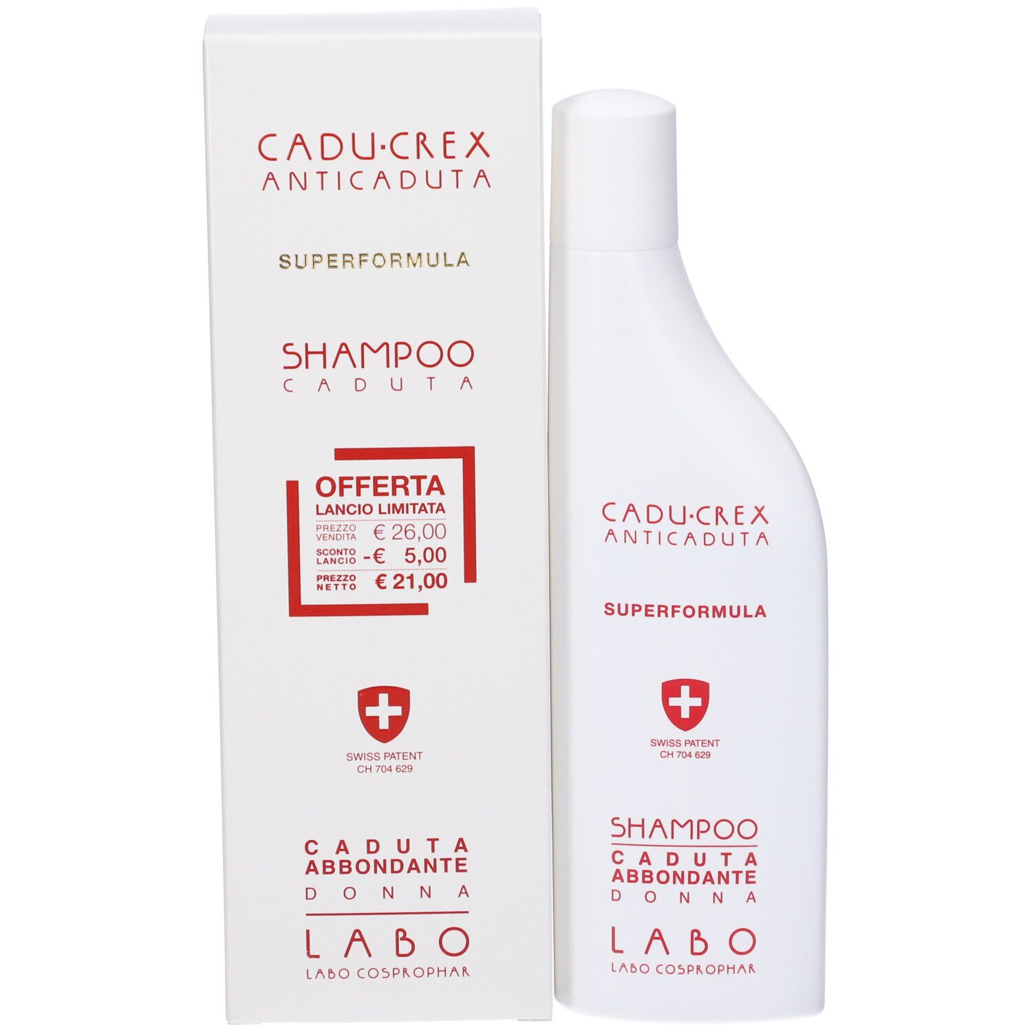 Confezione del prodotto con flacone. Scatola bianca con testo rosso. Cadu-Crex Anticaduta, Shampoo Caduta Abbondante Donna. Croce svizzera.