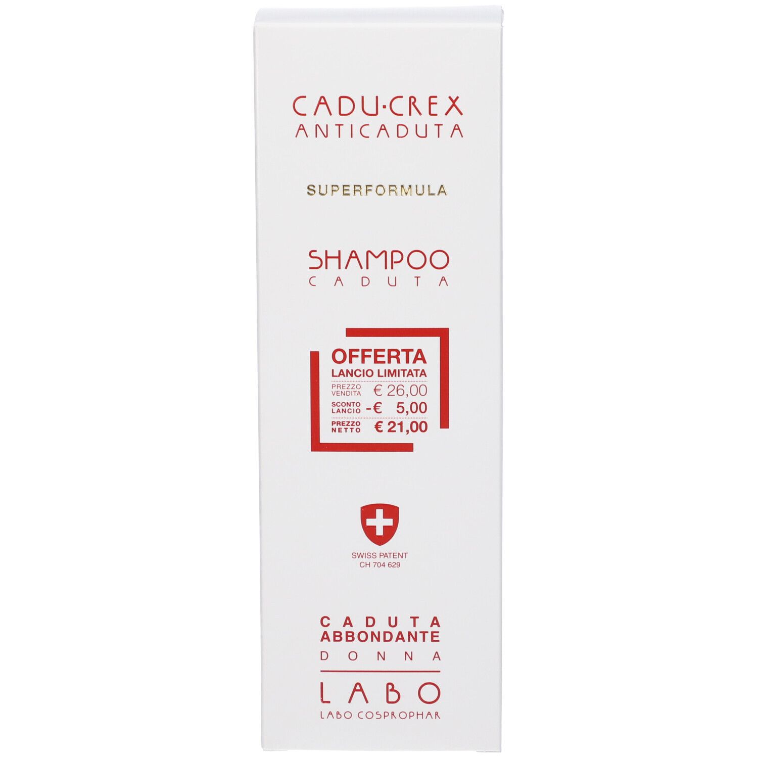 Scatola bianca con testo rosso. Cadu-Crex Anticaduta, Shampoo Caduta Abbondante Donna. Prezzo promozionale. Croce svizzera.
