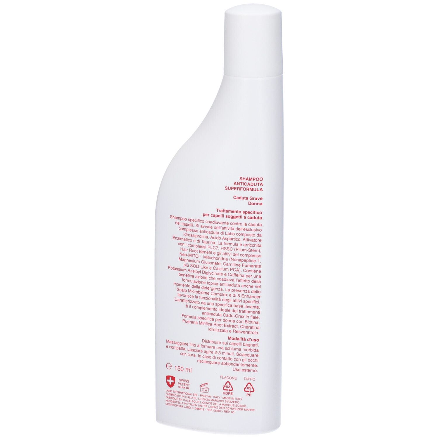 Retro di un flacone bianco con testo rosso. Testo: SHAMPOO ANTICADUTA, SUPERFORMULA, Caduta Grave Donna. Ingredienti e loghi.
