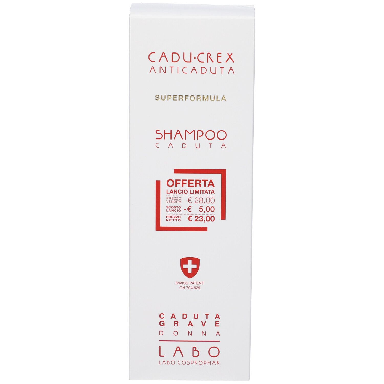 Confezione del prodotto. Testo: CADU-CREX ANTICADUTA, SUPERFORMULA, SHAMPOO CADUTA. Prezzo promozionale. Logo.
