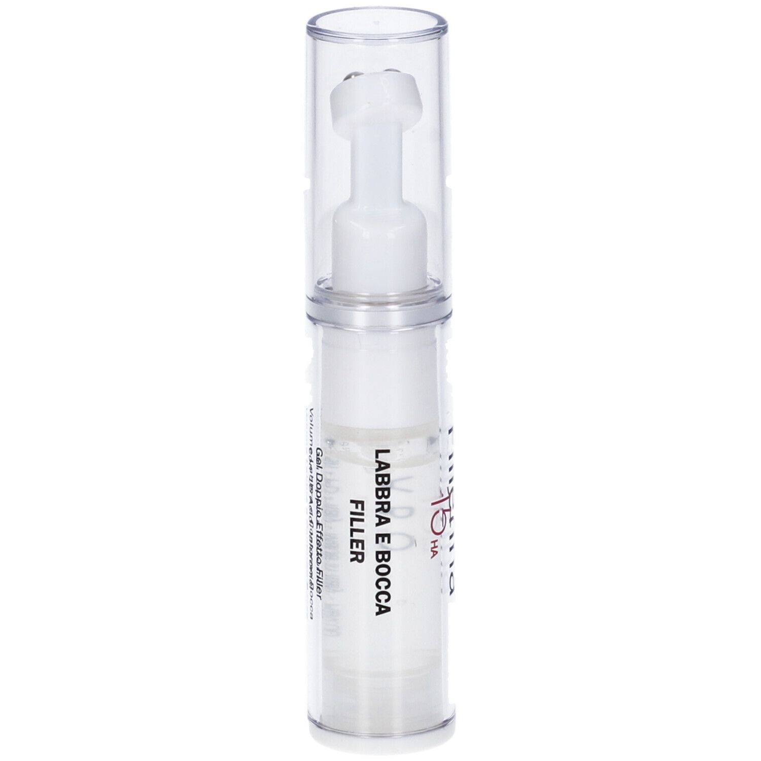 Flacone trasparente con gel bianco e applicatore. Scritta: Fillerina 15 HA Labbra e Bocca.