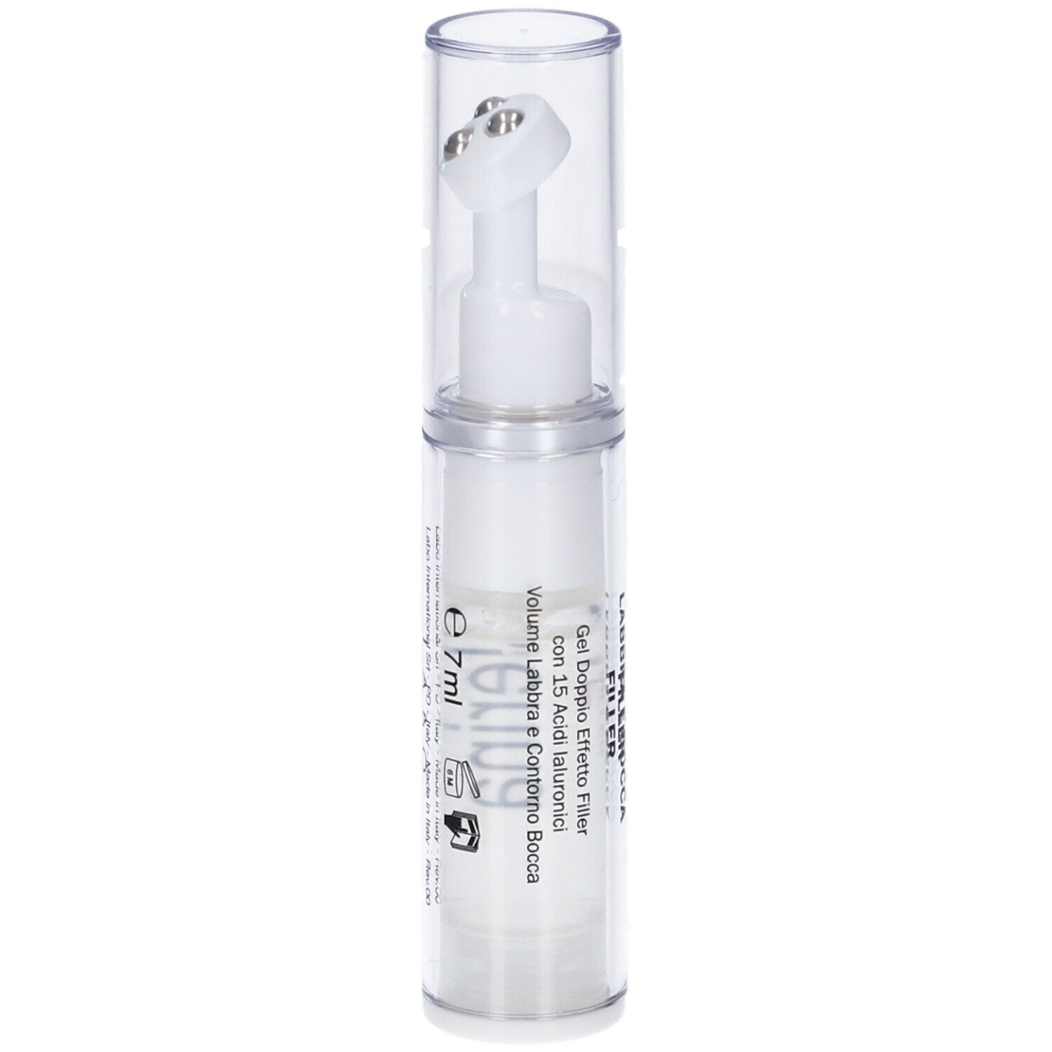 Flacone trasparente con gel bianco e applicatore. Scritta: Fillerina, 7ml, Gel Doppio Effetto Filler.