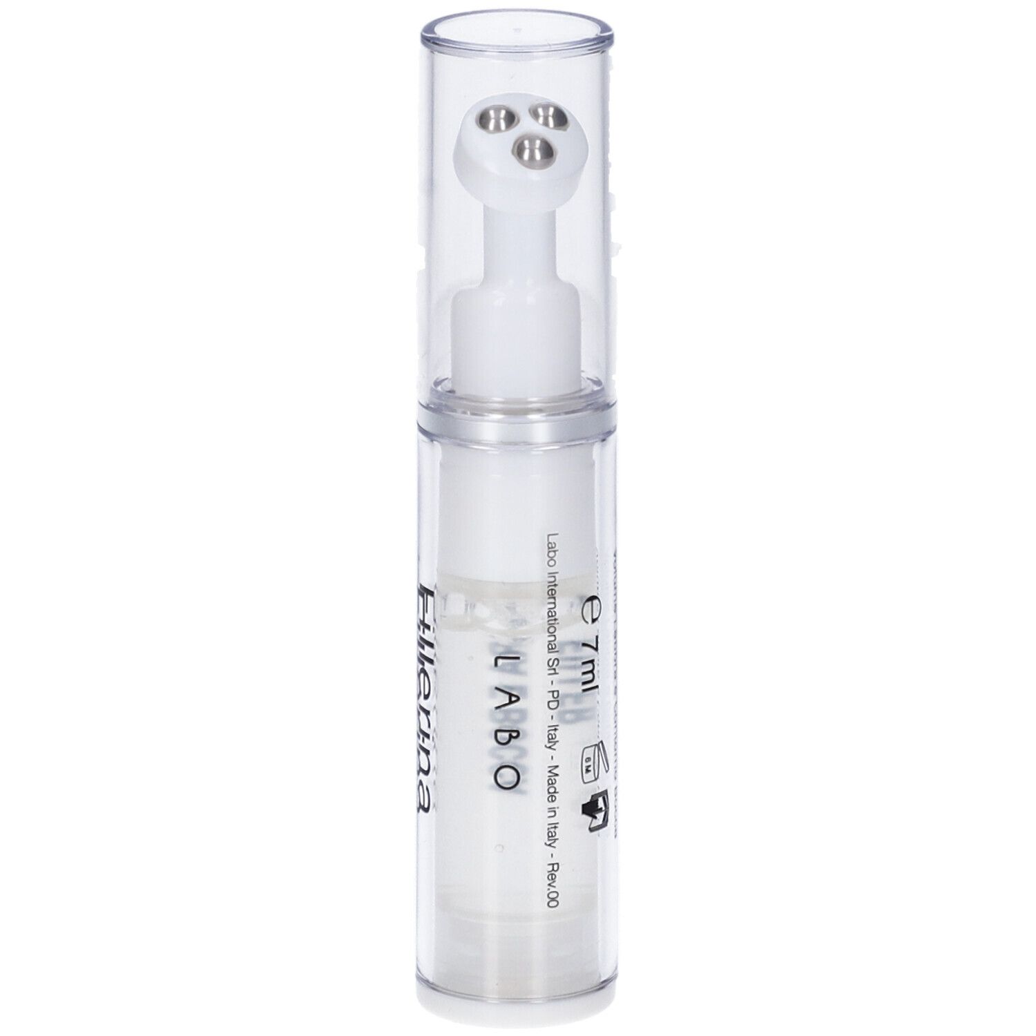 Flacone trasparente con gel bianco e applicatore. Scritta: Fillerina, 7ml, Labo.