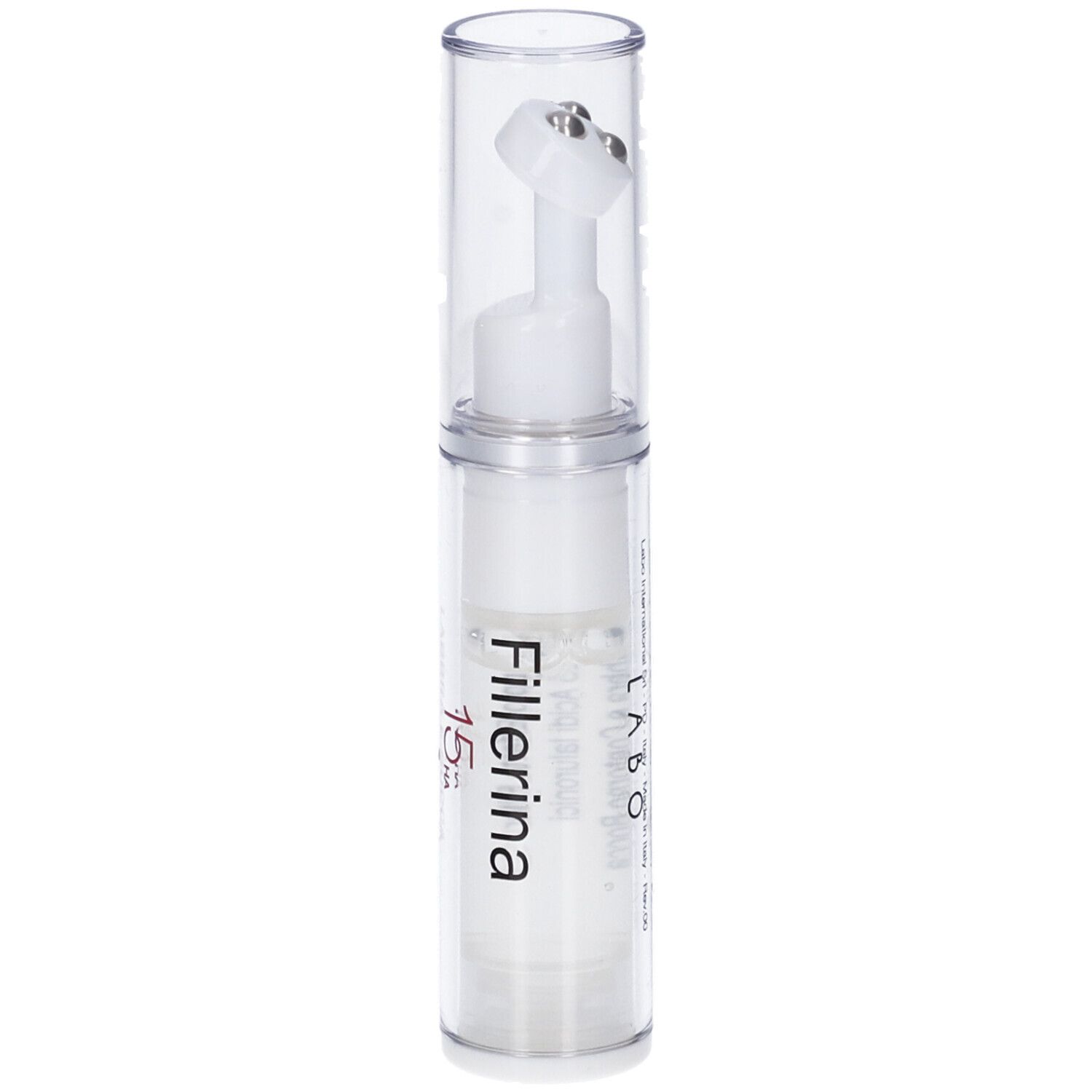 Flacone trasparente con gel bianco e applicatore. Scritta: Fillerina 15 HA Labbra e Bocca.