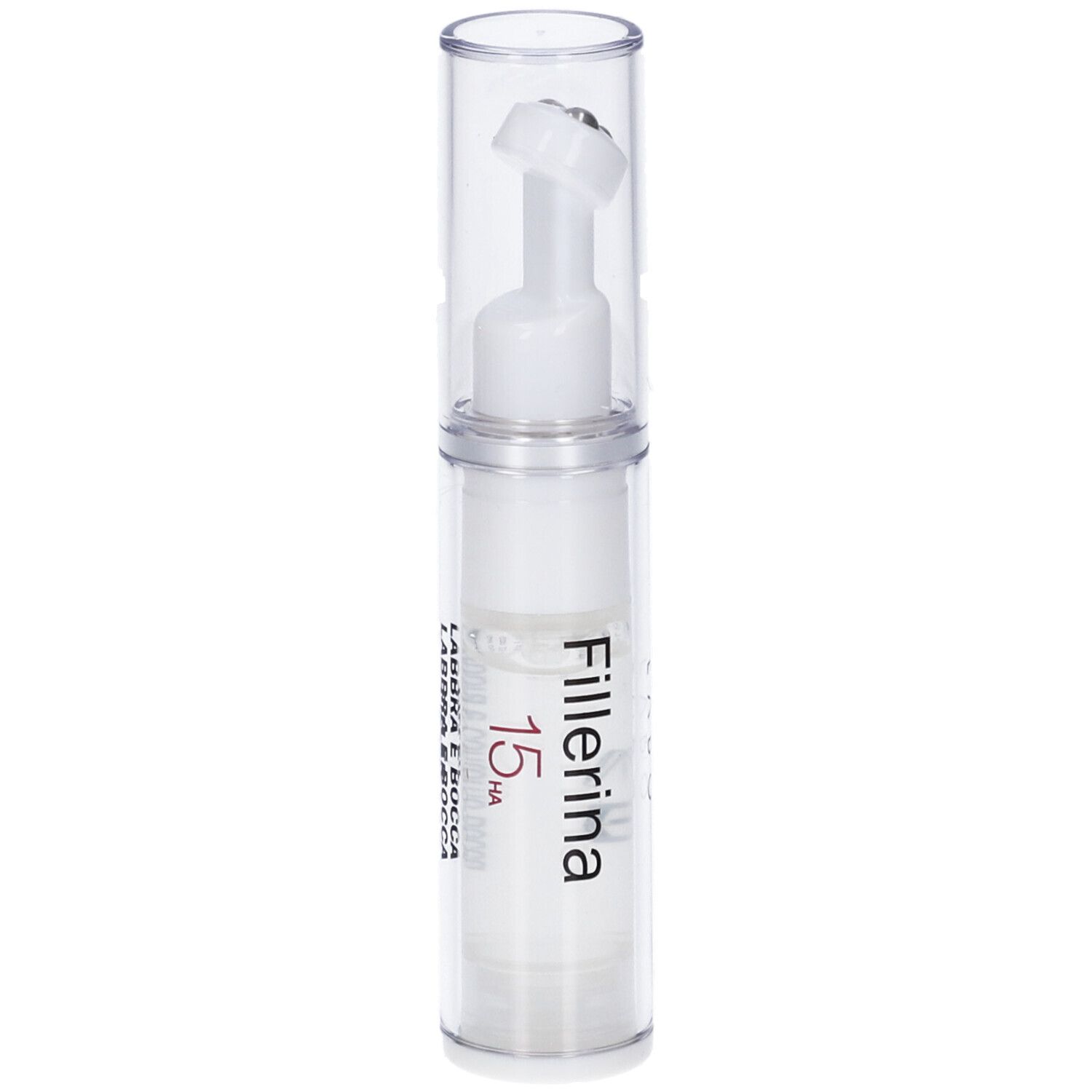 Flacone trasparente con gel bianco e applicatore. Scritta: Fillerina 15 HA Labbra e Bocca.