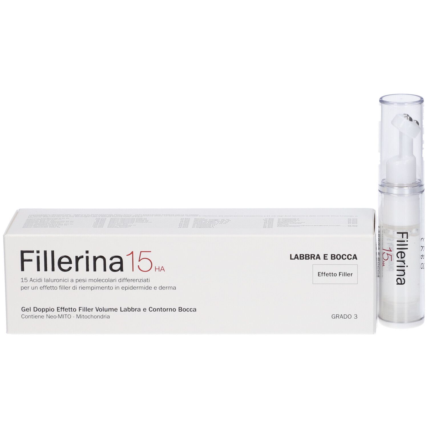 Confezione e flacone. Confezione con scritta Fillerina 15 HA, Labbra e Bocca, Effetto Filler, Grado 3.