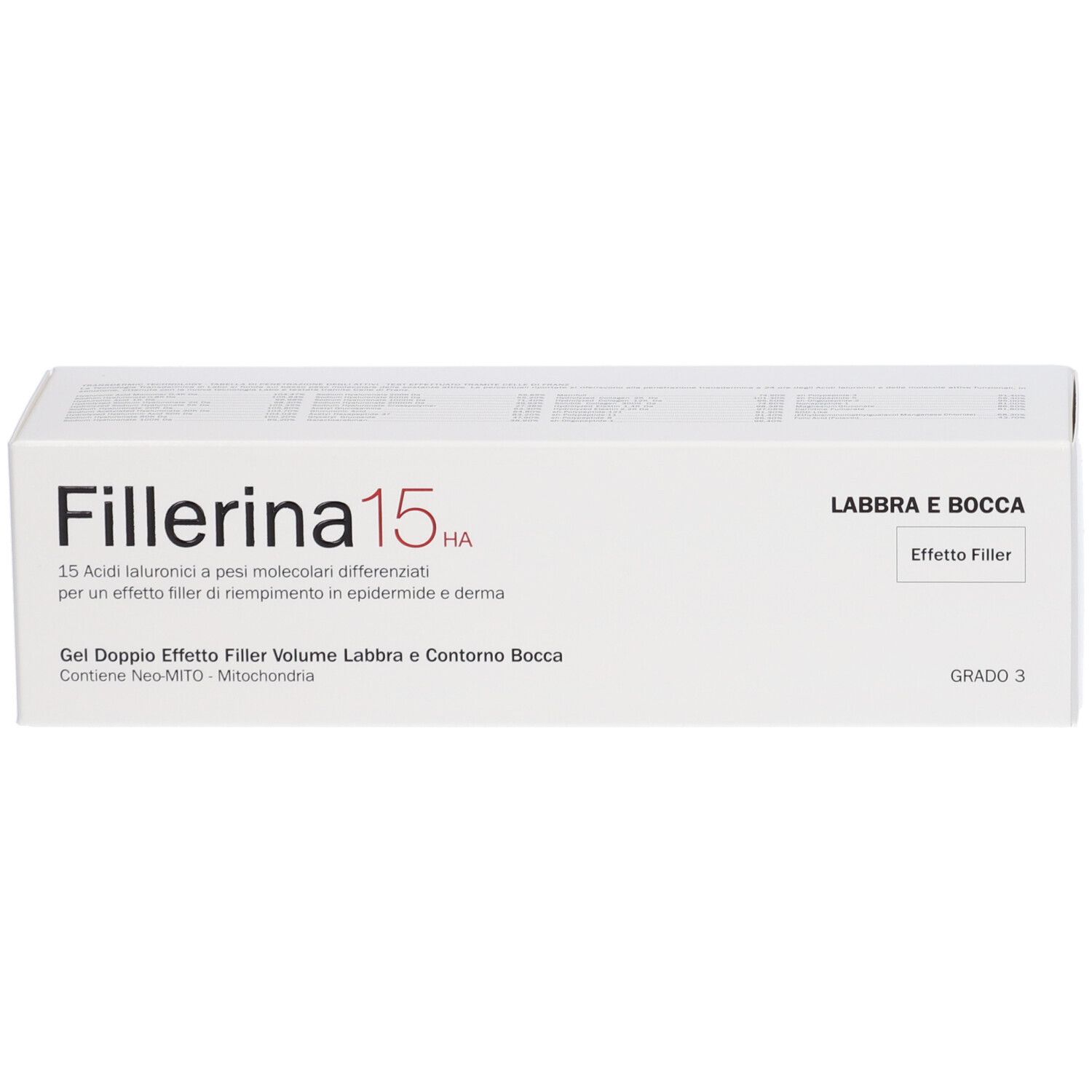 Confezione del prodotto con scritta Fillerina 15 HA, Labbra e Bocca, Effetto Filler, Grado 3.