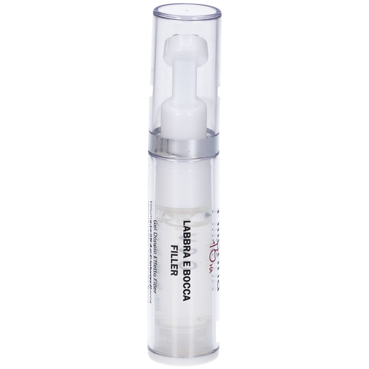 Flacone trasparente con gel bianco e applicatore. Scritta: Labbra e Bocca Filler.