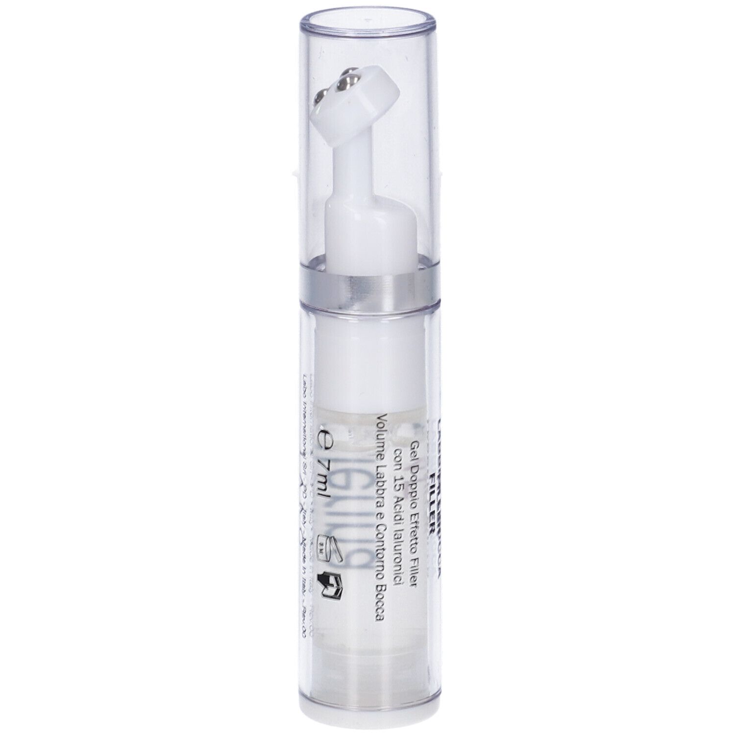 Flacone trasparente con gel bianco e applicatore. Scritta: e 7ml. Volume labbra e contorno bocca.