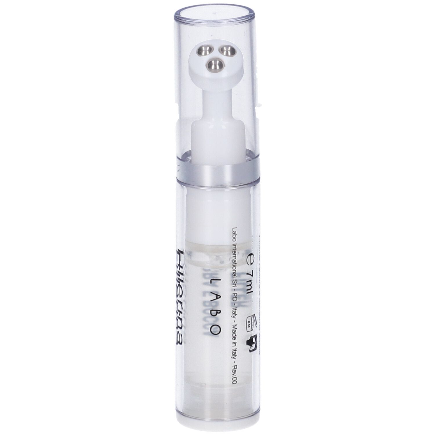 Flacone trasparente con gel bianco e applicatore. Scritta: Labo. e 7ml. Made in Italy.