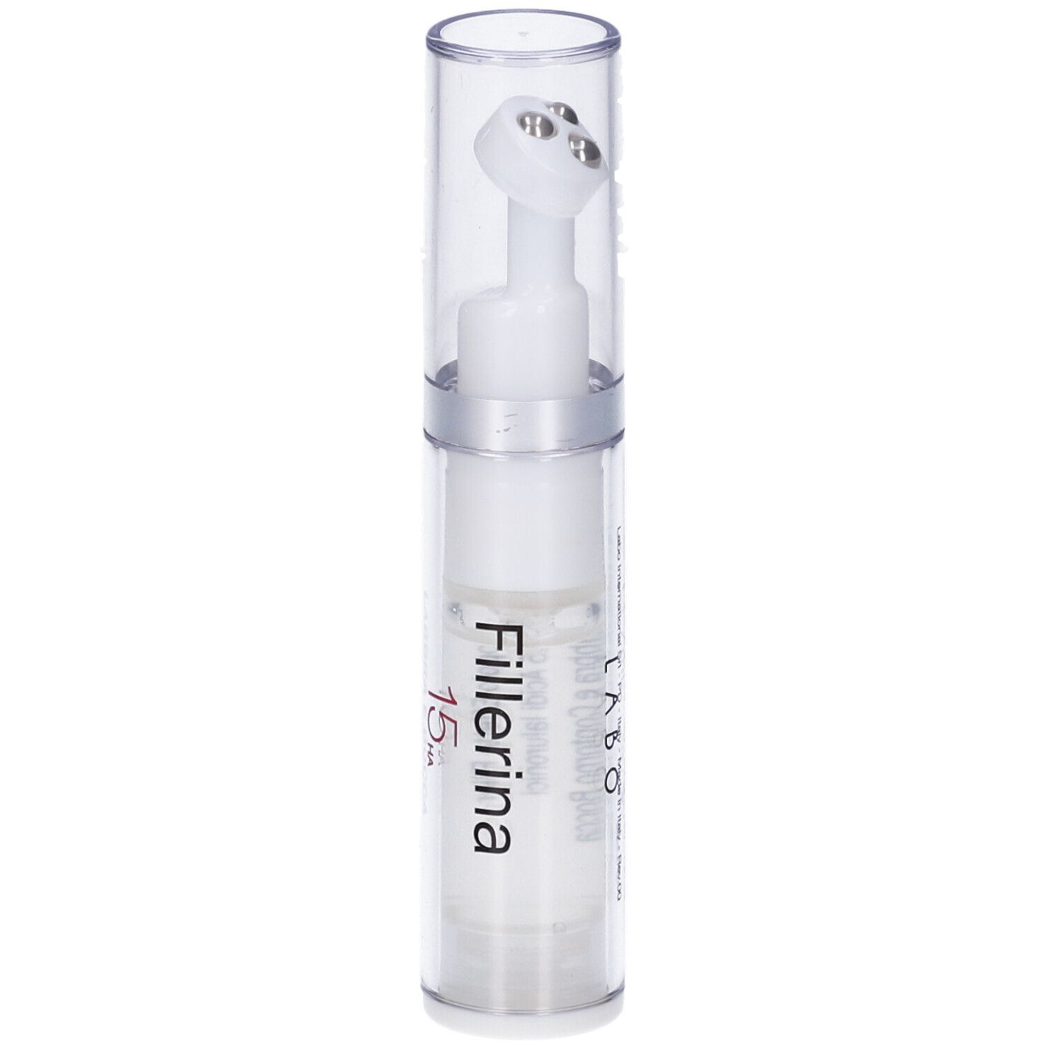 Flacone trasparente con gel bianco e applicatore. Scritta: Fillerina 15 HA.