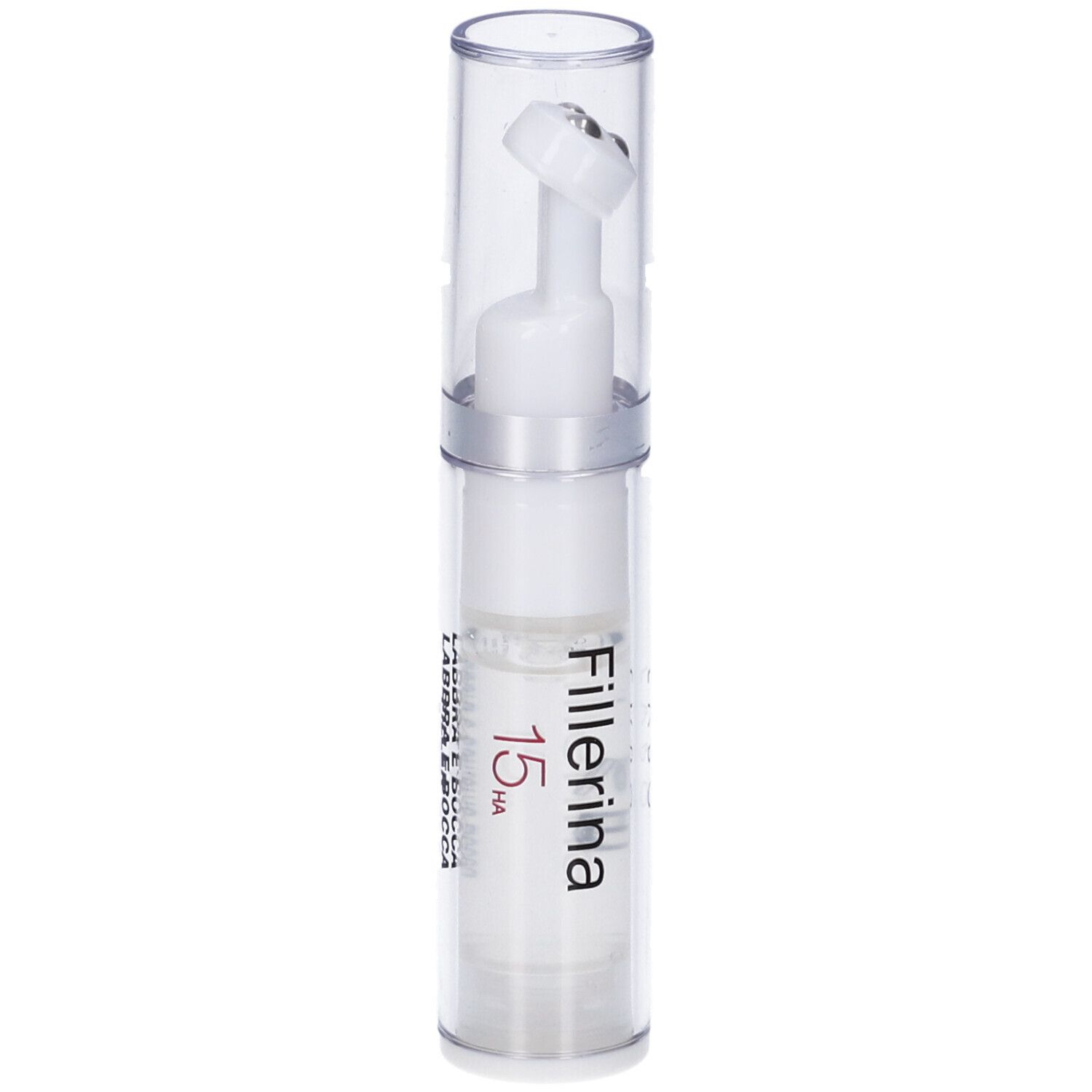 Flacone trasparente con gel bianco e applicatore. Scritta: Fillerina 15 HA.