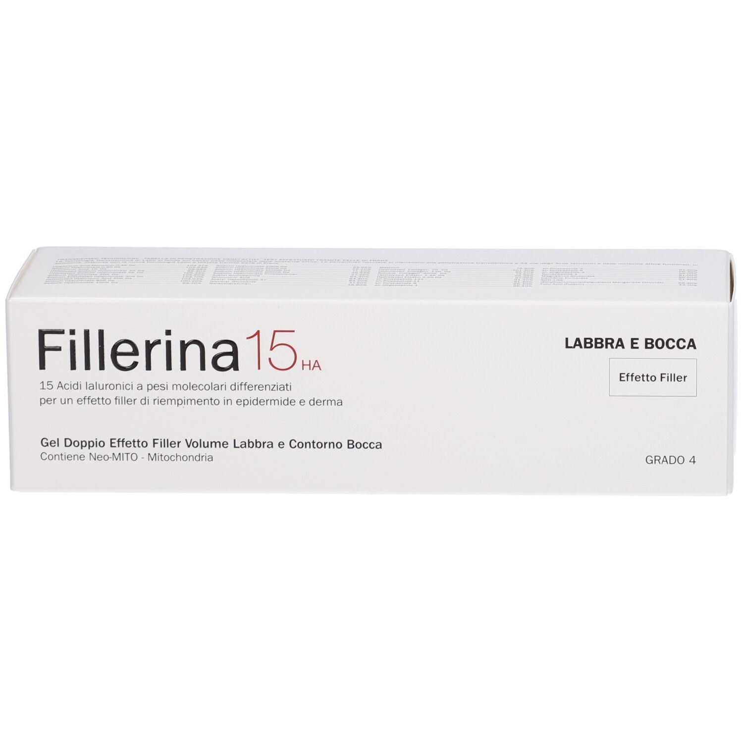 Confezione del prodotto. Scritta: Fillerina 15 HA, Labbra e Bocca, Effetto Filler, Grado 4.