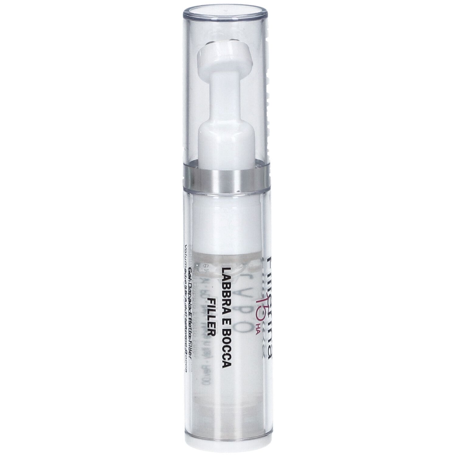 Flacone trasparente con applicatore bianco. Scritta Fillerina 15 HA. Con coperchio trasparente.