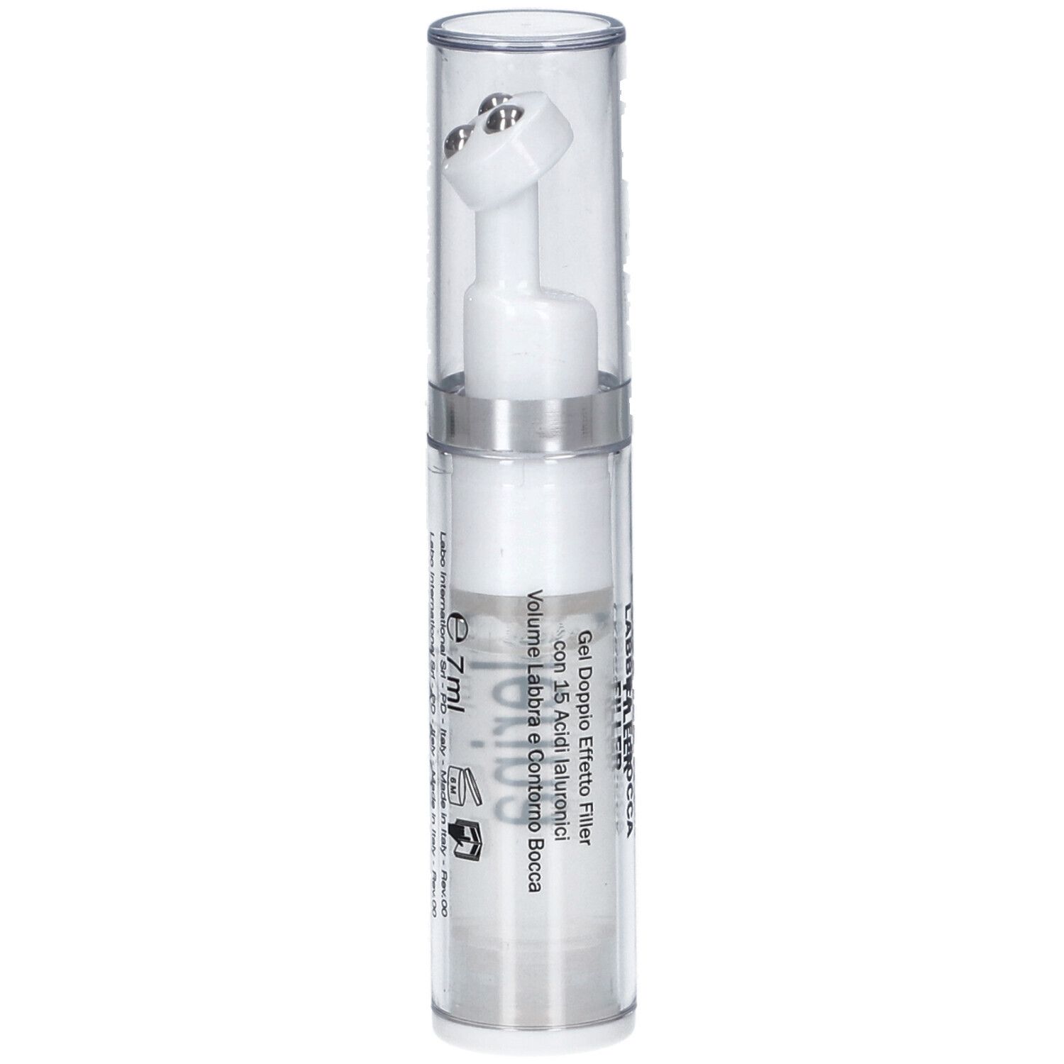 Flacone trasparente con applicatore bianco. Scritta Fillerina 15 HA. Con coperchio trasparente.