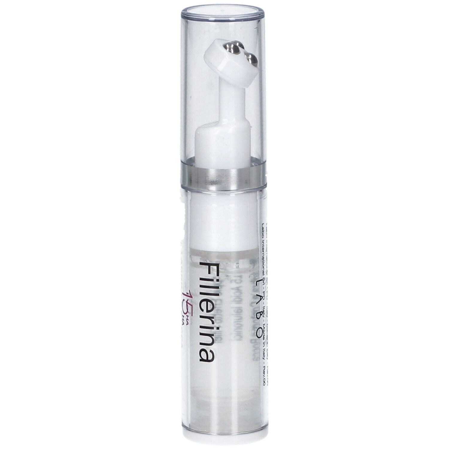 Flacone trasparente con applicatore bianco. Scritta Fillerina 15 HA. Con coperchio trasparente.
