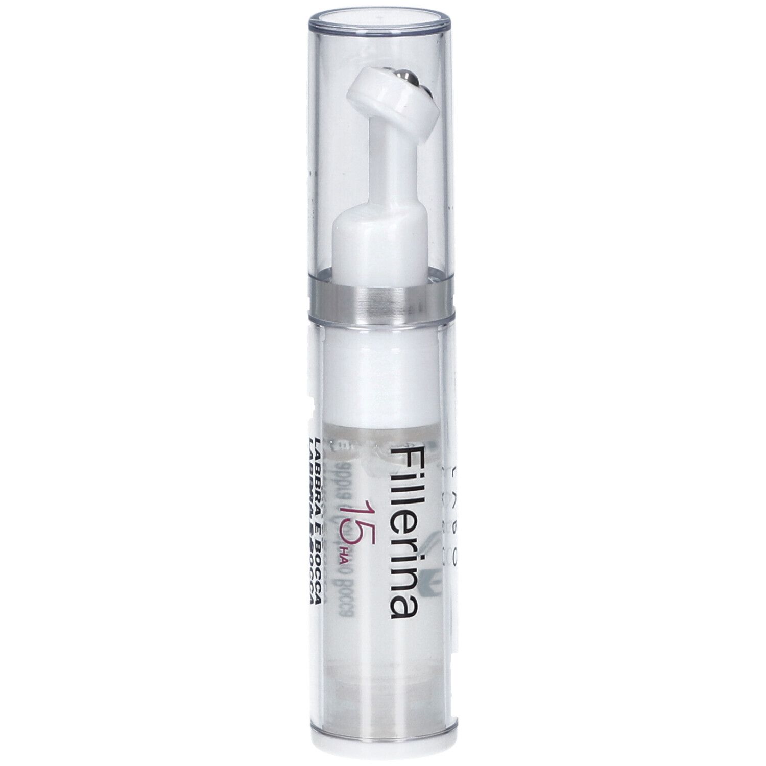 Flacone trasparente con applicatore bianco. Scritta Fillerina 15 HA. Con coperchio trasparente.