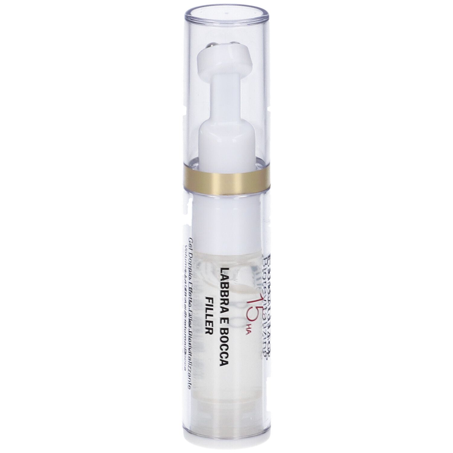 Flacone trasparente con applicatore bianco. Scritta: Labbra e Bocca Filler 15 HA.
