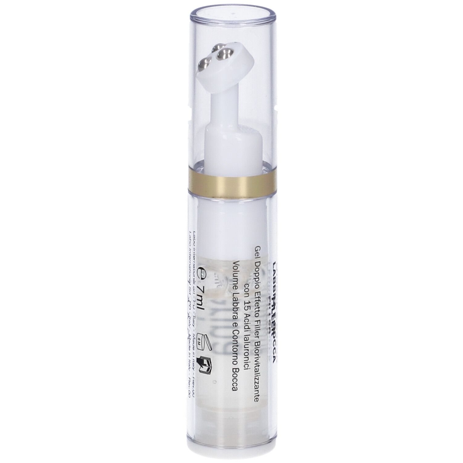 Flacone trasparente con applicatore bianco. Scritta: Gel Doppio Effetto Filler. Volume Labbra e Contorno.