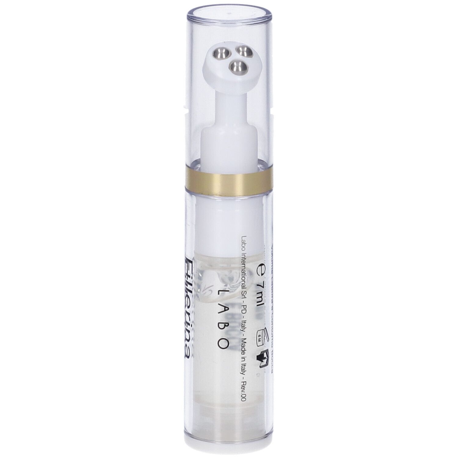 Flacone trasparente con applicatore bianco. Scritta: e 7ml. LABO.