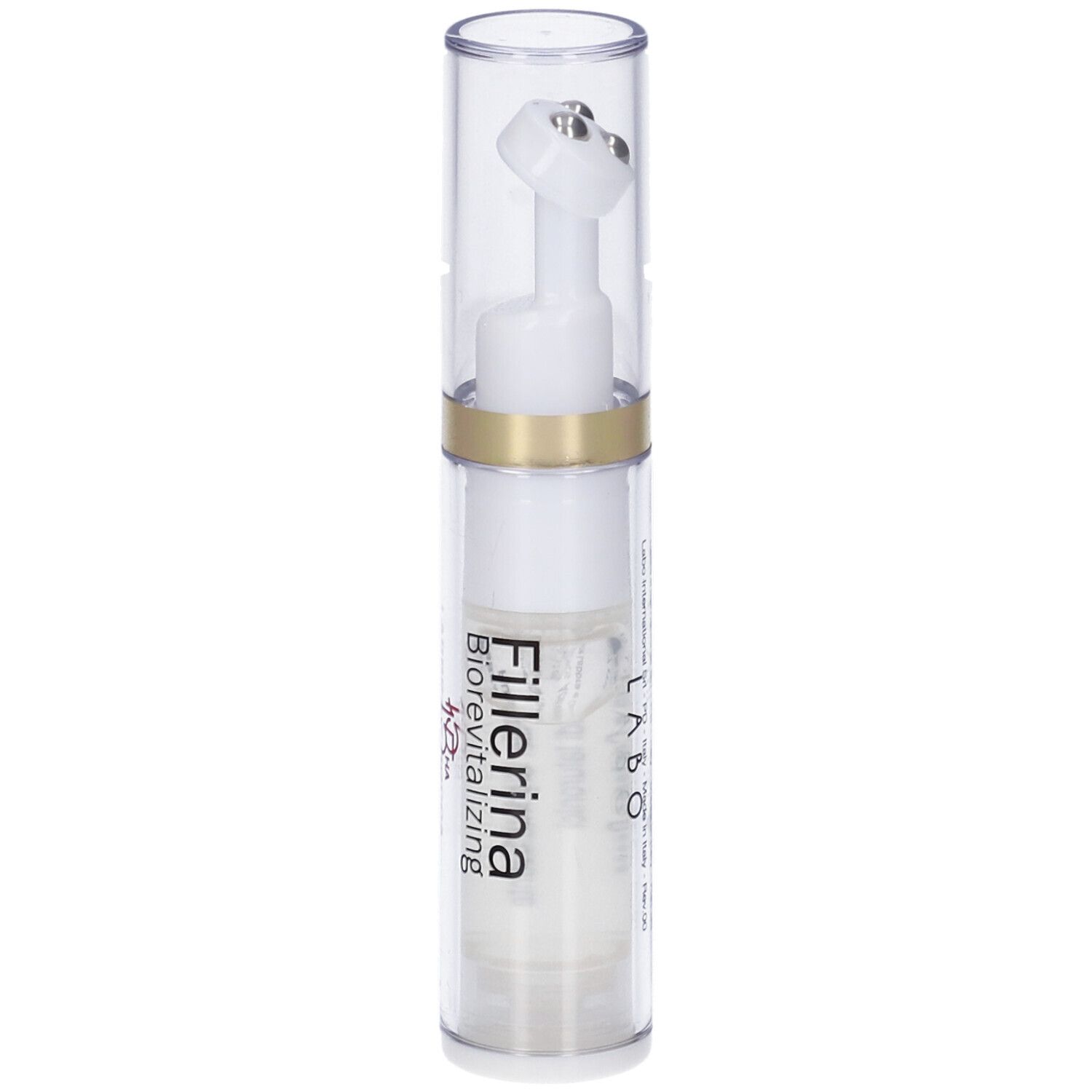 Flacone trasparente con applicatore bianco. Scritta: Fillerina Biorevitalizing 15 HA.