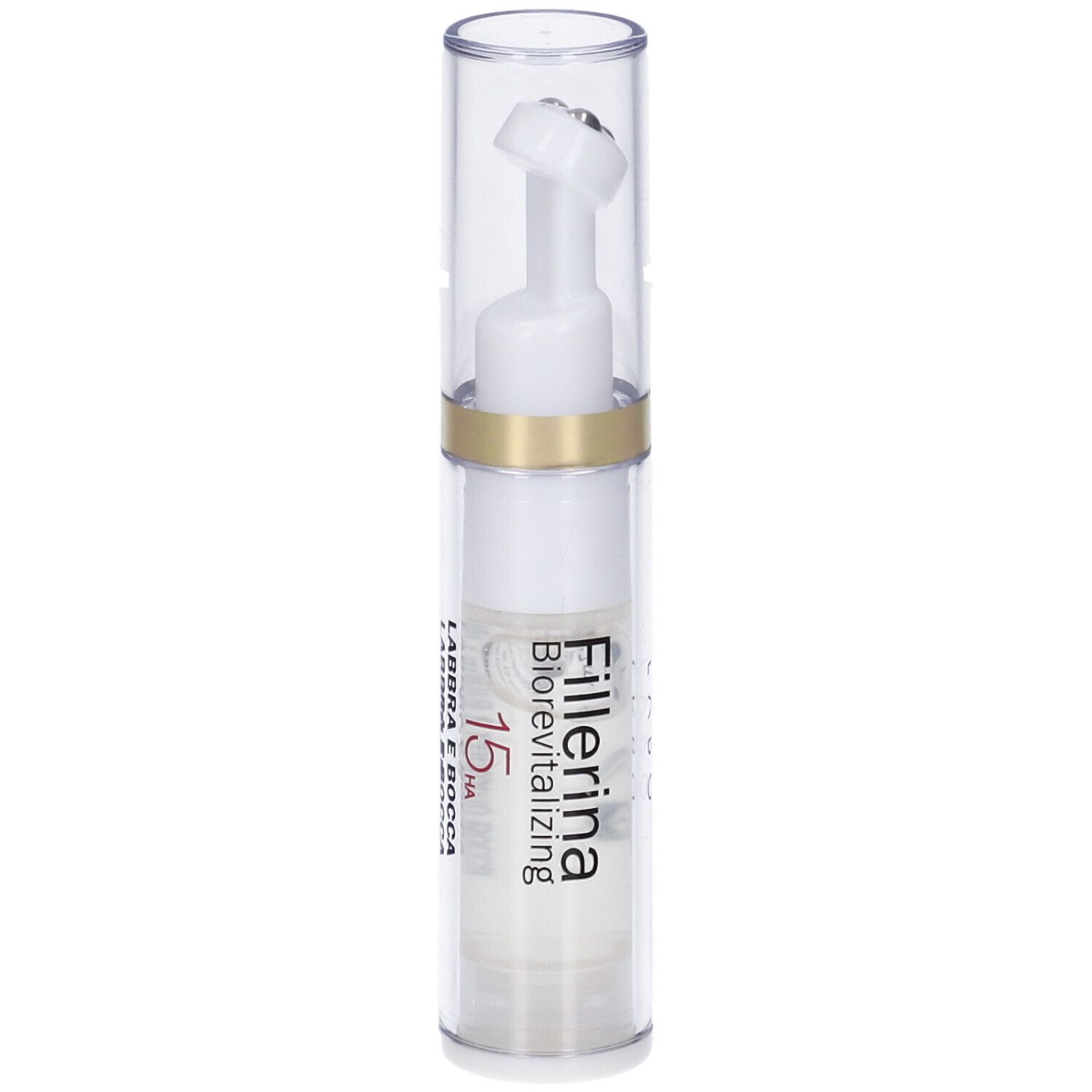 Flacone trasparente con applicatore bianco. Scritta: Labbra e Bocca 15 HA Biorevitalizing.