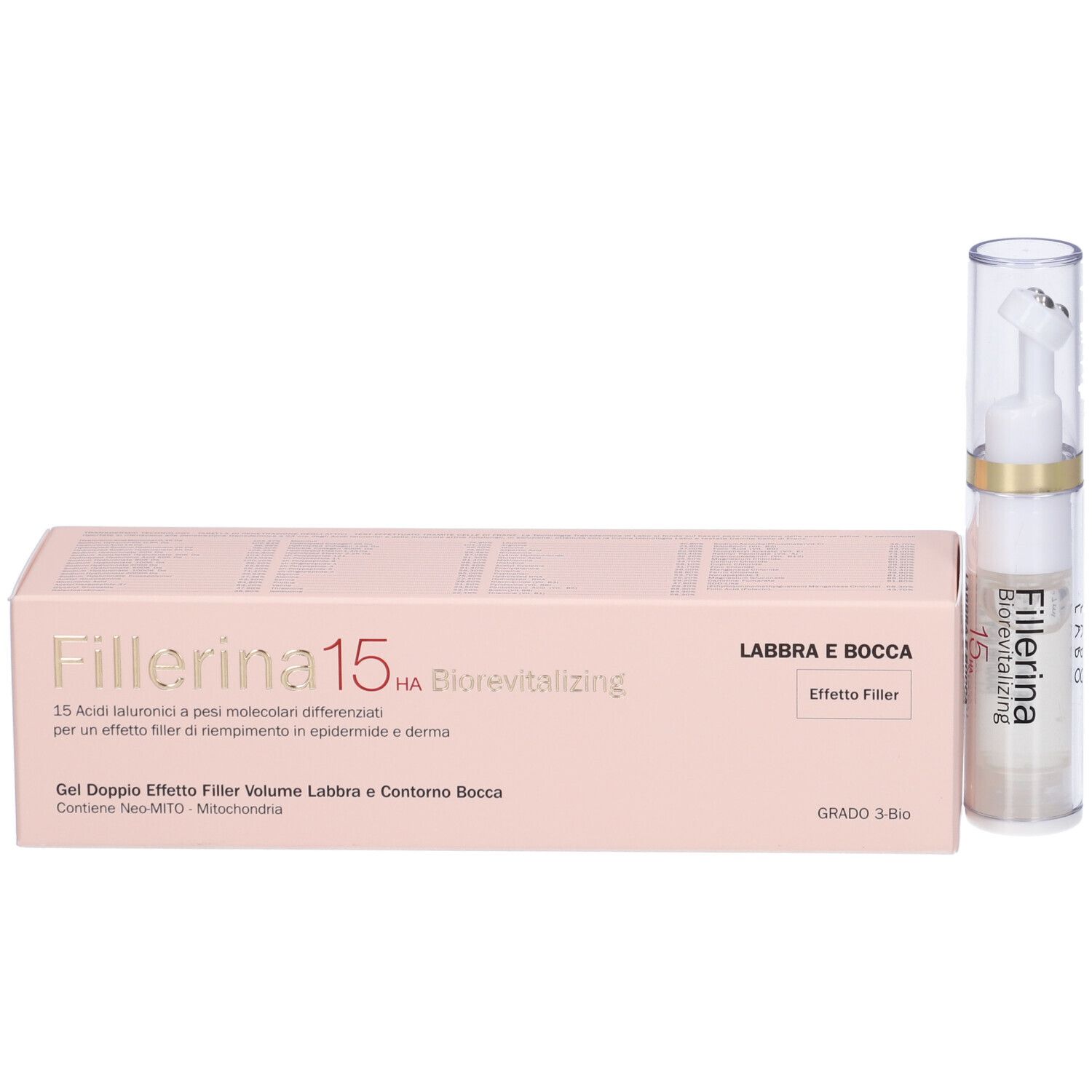 Confezione rosa con flacone. Scritta: Fillerina 15 HA Biorevitalizing. Labbra e Bocca.