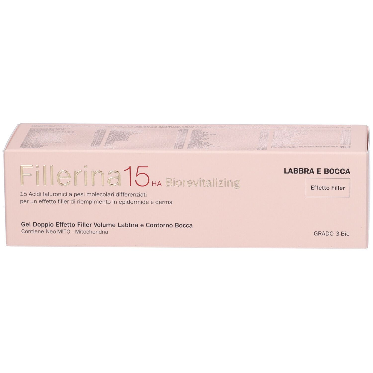 Confezione rosa. Scritta: Fillerina 15 HA Biorevitalizing. Labbra e Bocca. Effetto Filler.