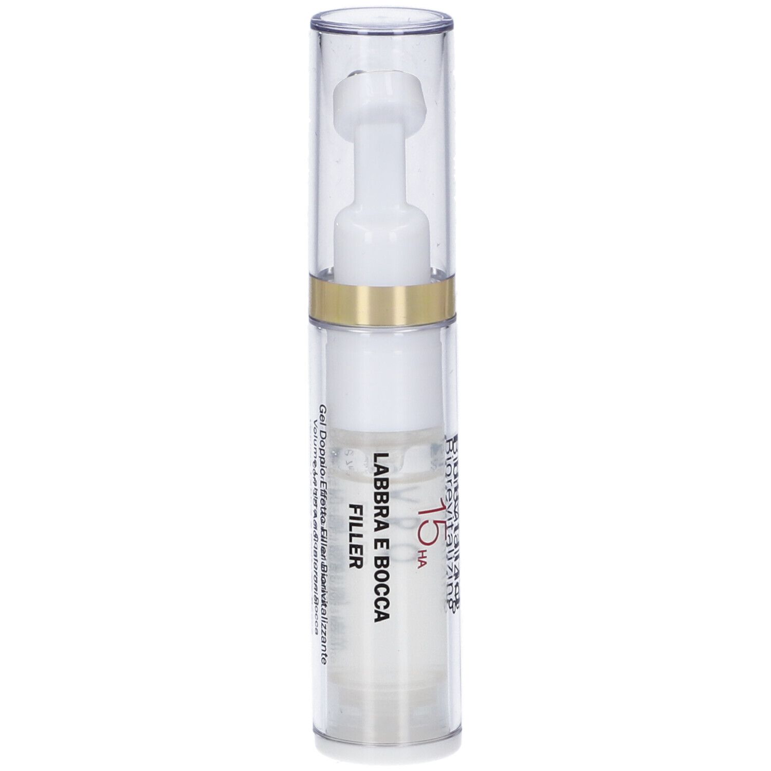 Flacone trasparente con applicatore bianco e tappo. Scritta: Labbra e Bocca Filler 15 HA.