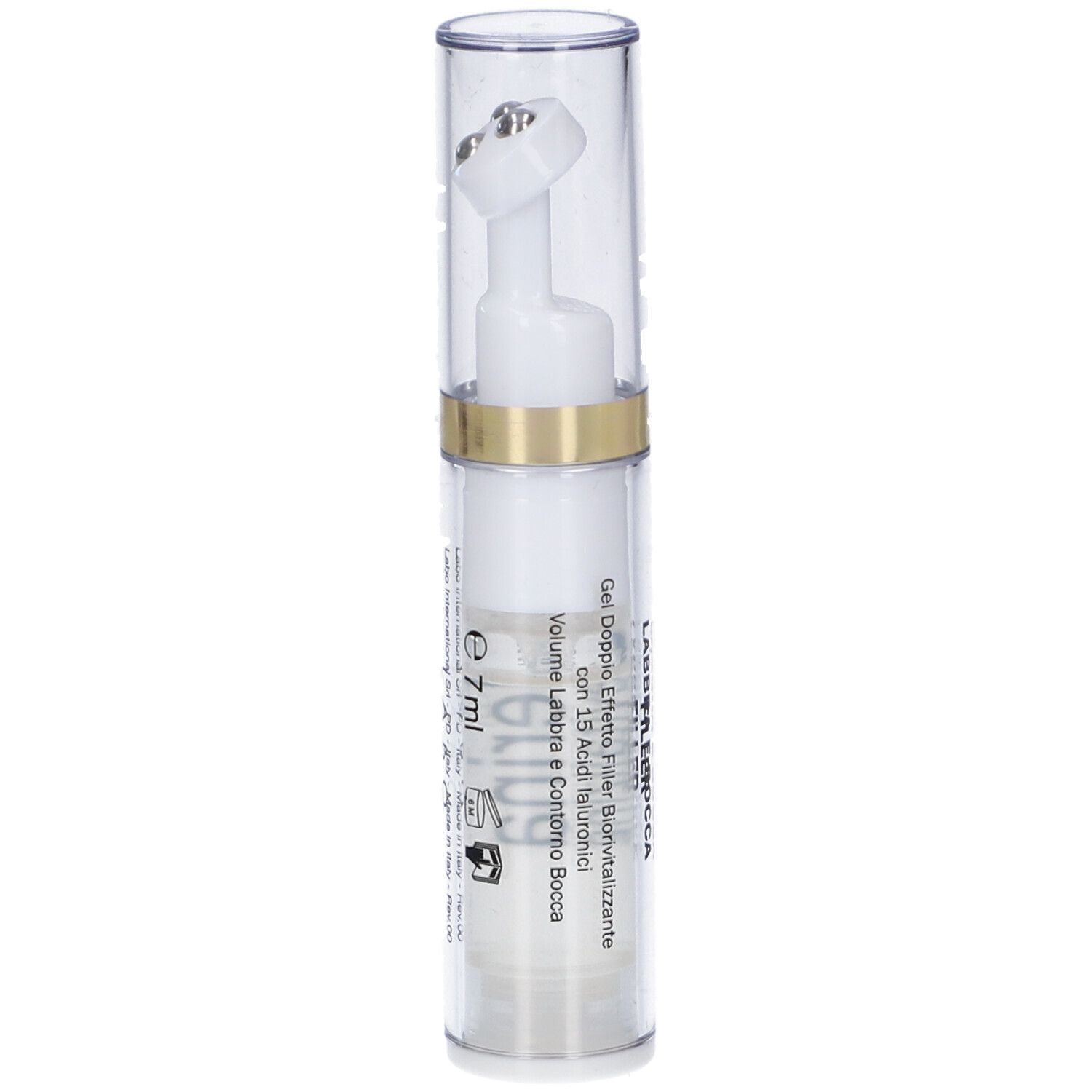 Flacone trasparente con applicatore bianco e tappo. Scritta: e 7ml. Gel Doppio Effetto Filler.