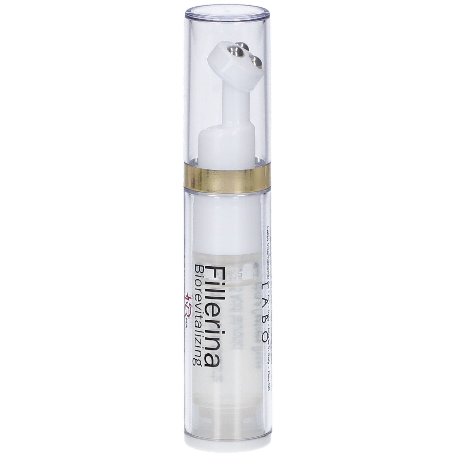 Flacone trasparente con applicatore bianco e tappo. Scritta: Fillerina Biorevitalizing 4.