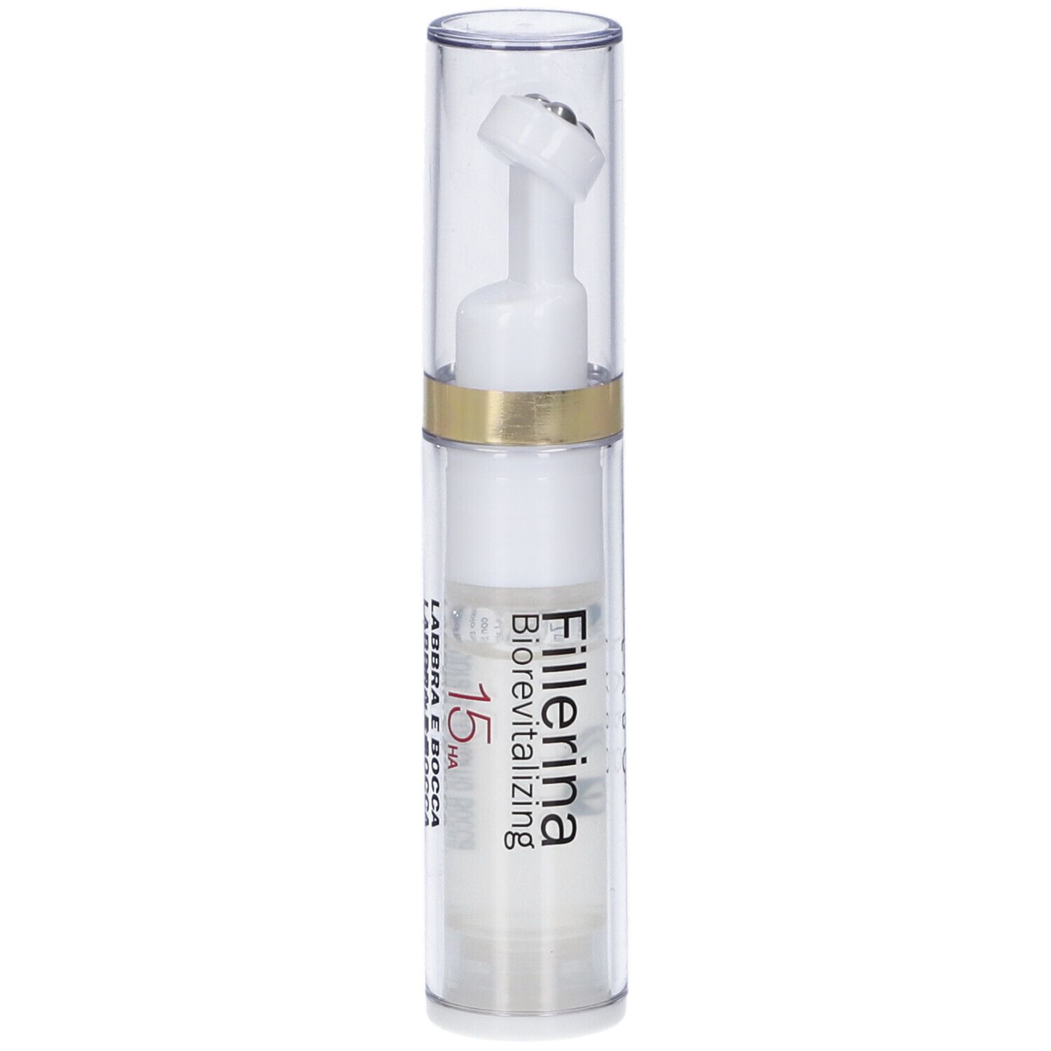 Flacone trasparente con applicatore bianco e tappo. Scritta: Fillerina Biorevitalizing 15 HA.