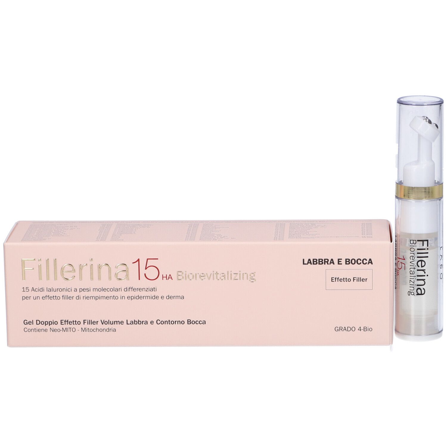 Confezione e flacone. Scritta: Fillerina 15 HA Biorevitalizing. Labbra e Bocca. Effetto Filler.