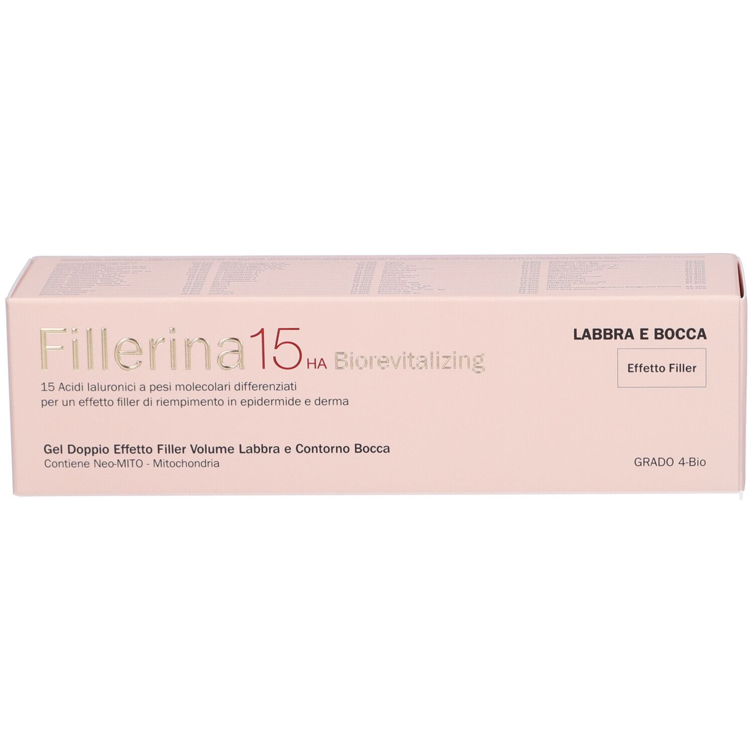 Confezione del prodotto. Scritta: Fillerina 15 HA Biorevitalizing. Labbra e Bocca. Effetto Filler. Grado 4 Bio.