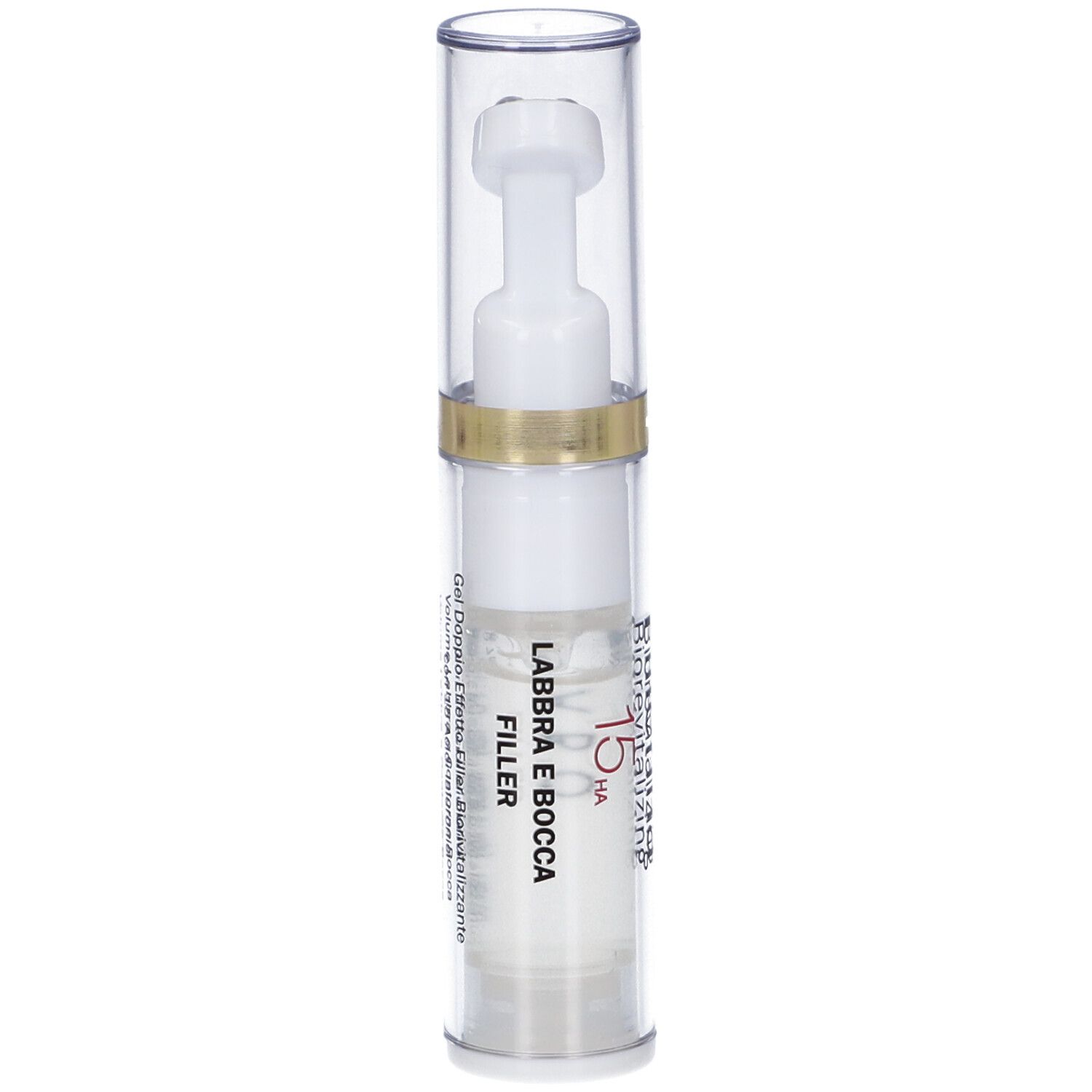 Flacone trasparente con applicatore bianco. Scritta: Fillerina 15 HA.