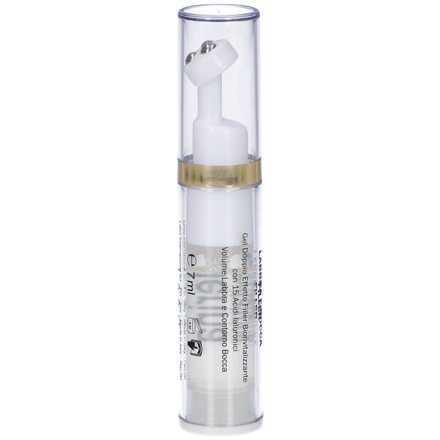Flacone trasparente con applicatore bianco. Scritta: Fillerina, e7ml.