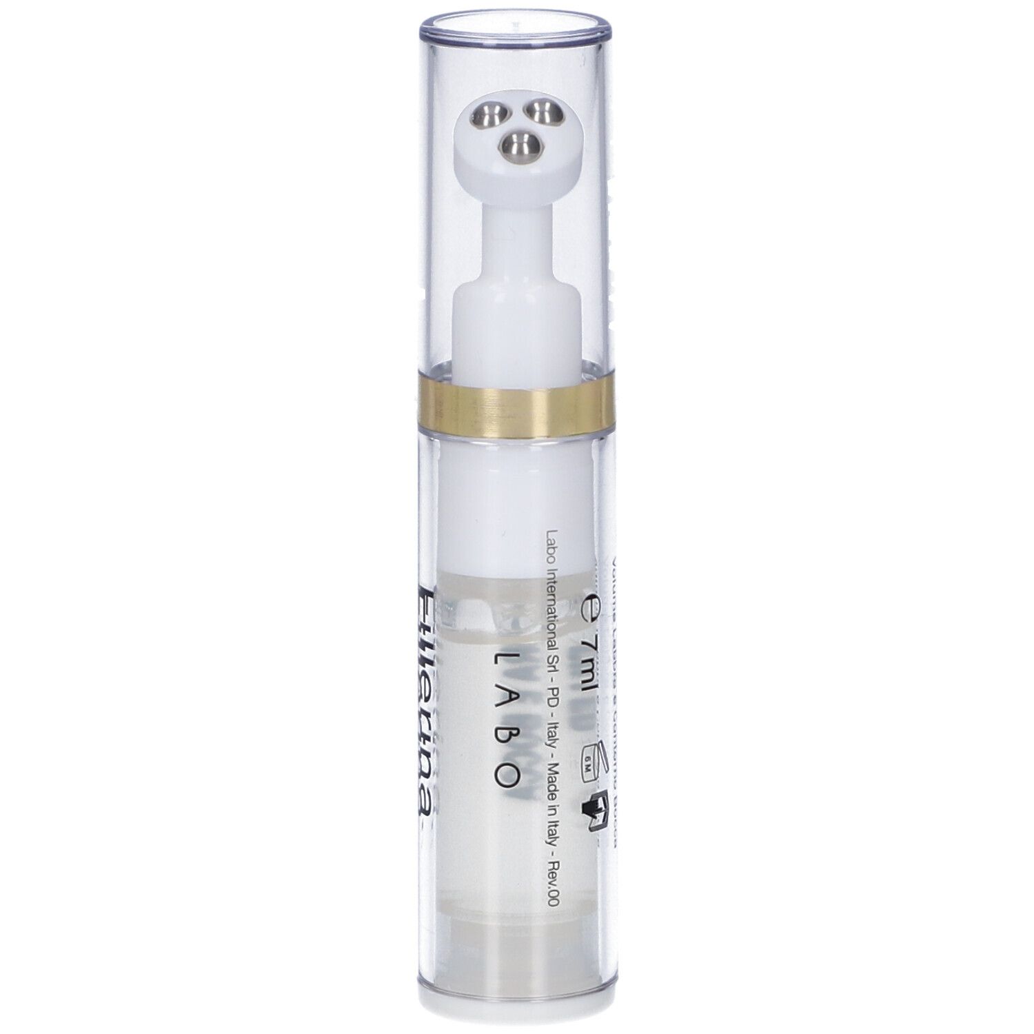 Flacone trasparente con applicatore bianco. Scritta: Fillerina, e7ml.