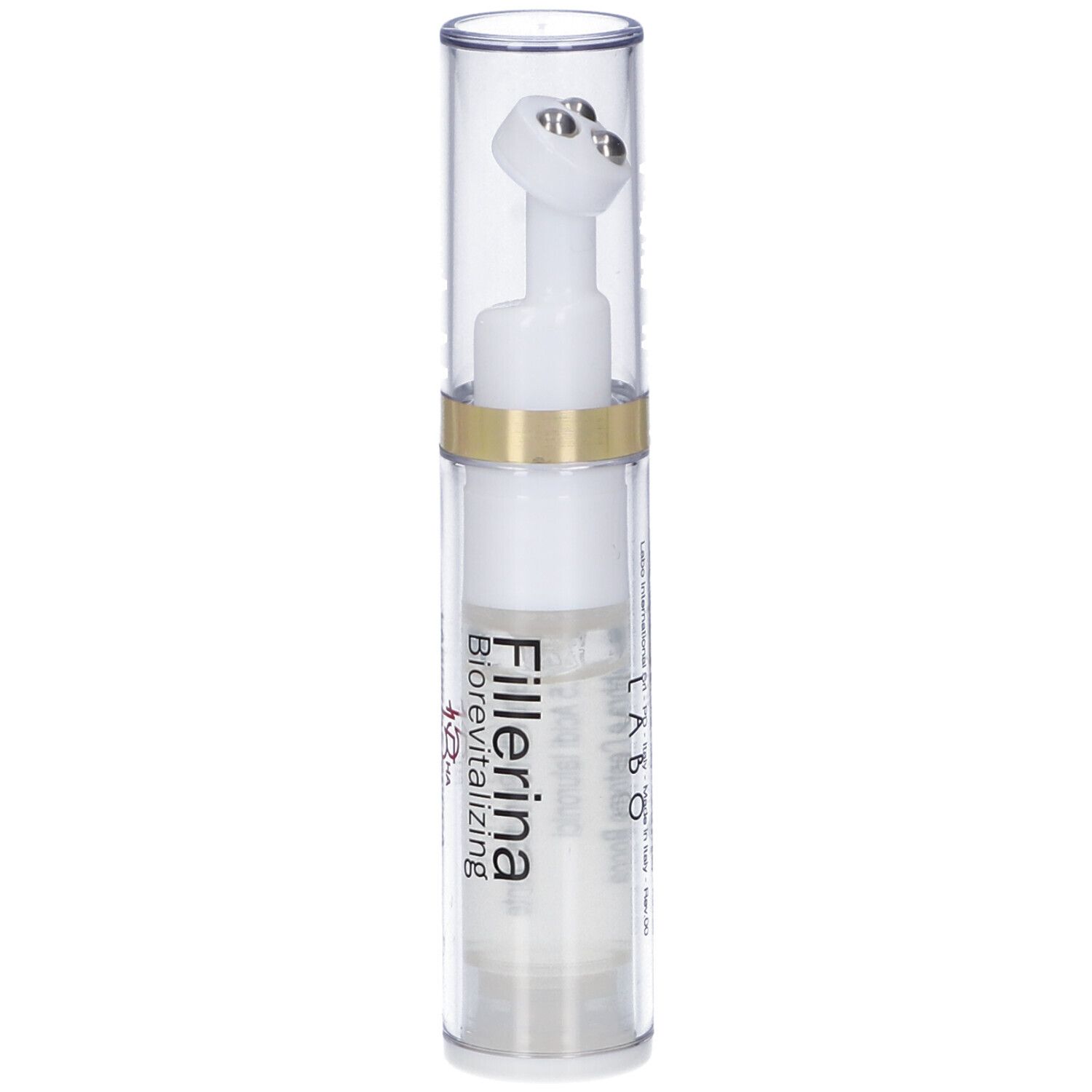 Flacone trasparente con applicatore bianco. Scritta: Fillerina Biorevitalizing.