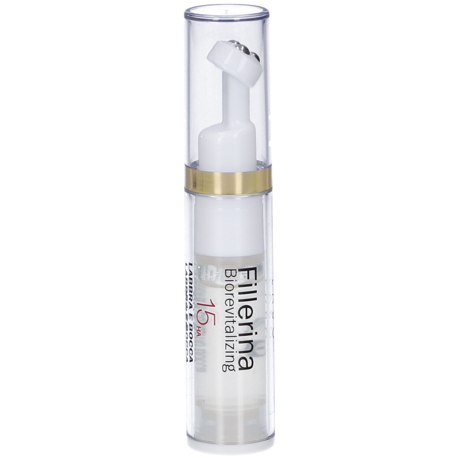 Flacone trasparente con applicatore bianco. Scritta: Fillerina 15 HA.