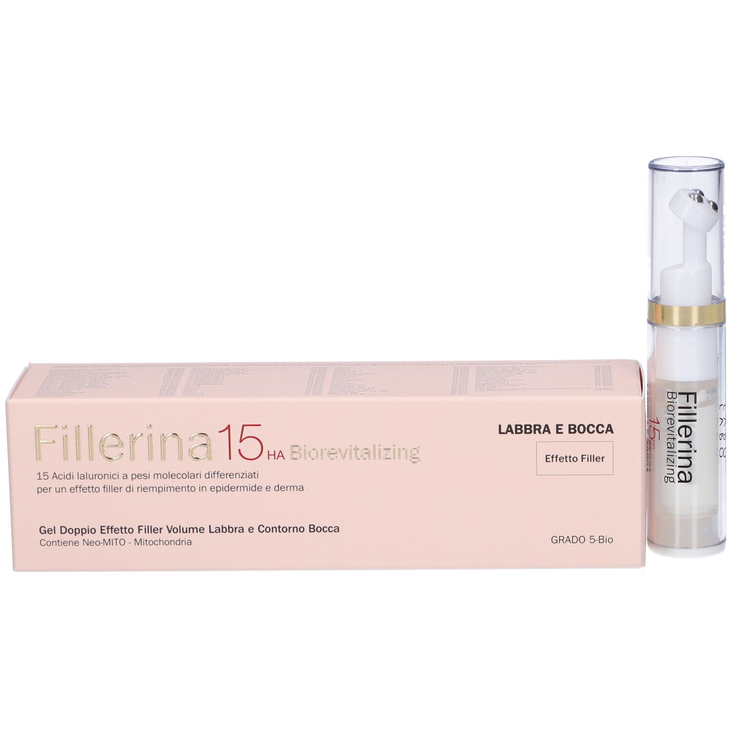 Flacone e scatola rosa. Scritta: Fillerina 15 HA Biorevitalizing.