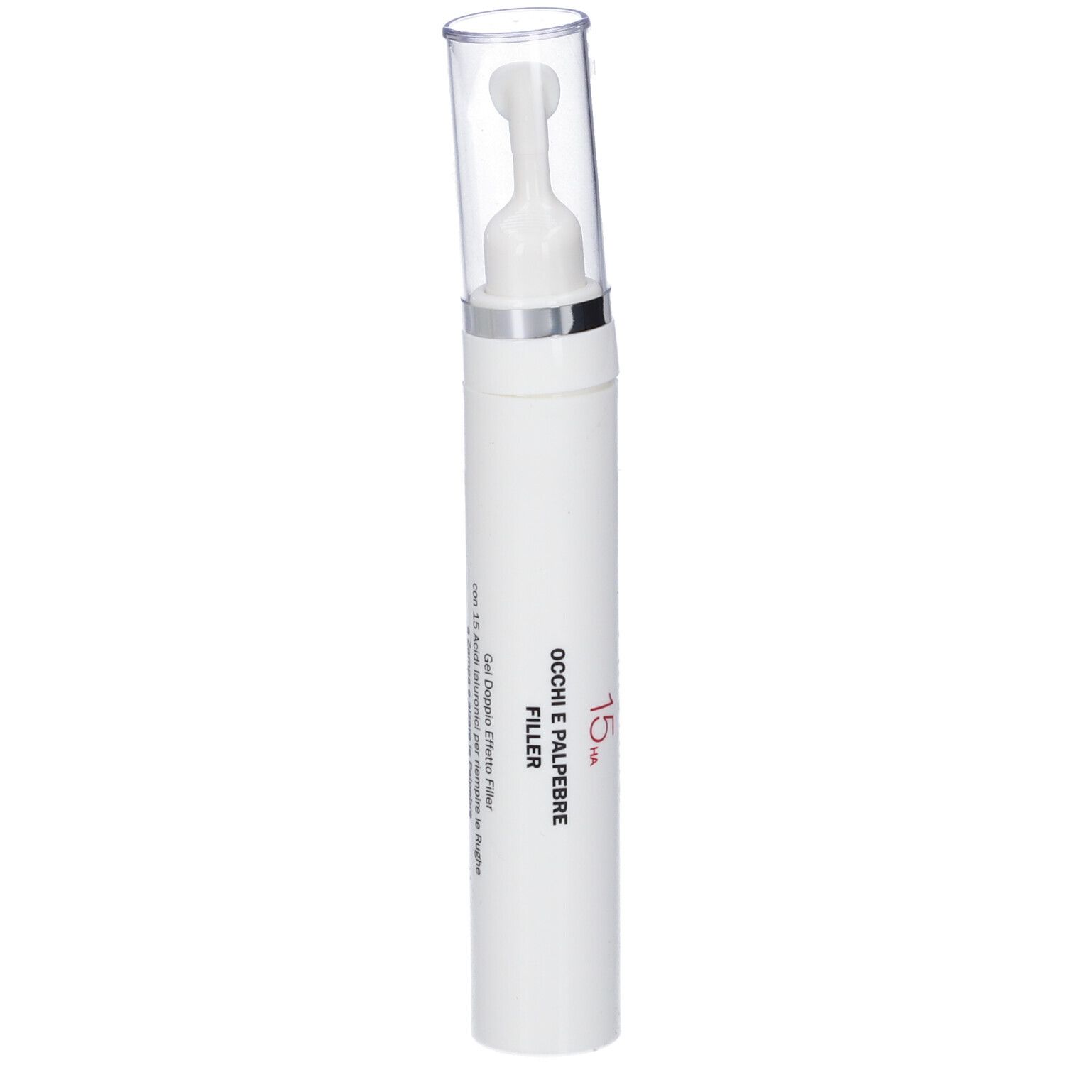 Cilindro bianco con tappo trasparente. Scritta: Occhi e Palpebre Filler 15.