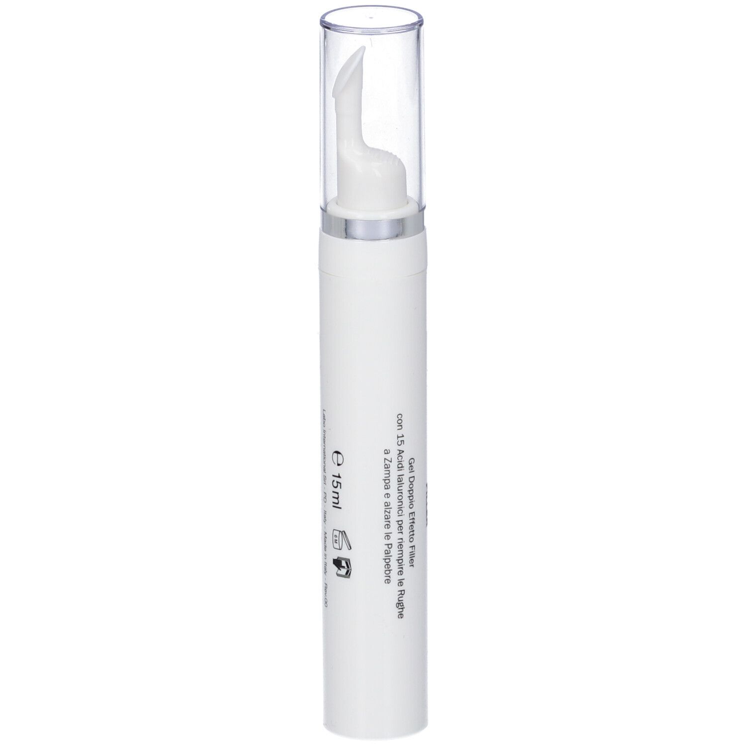 Cilindro bianco con tappo trasparente. Scritta: e 15ml. Testo.