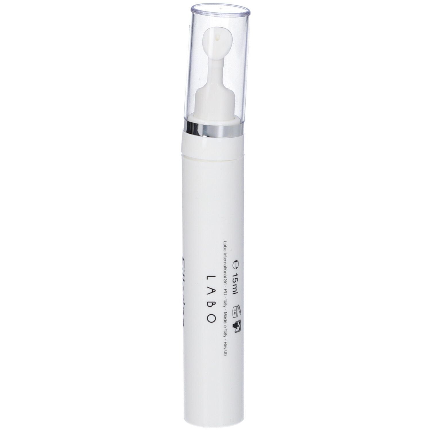 Cilindro bianco con tappo trasparente. Scritta: LABO, e 15ml.