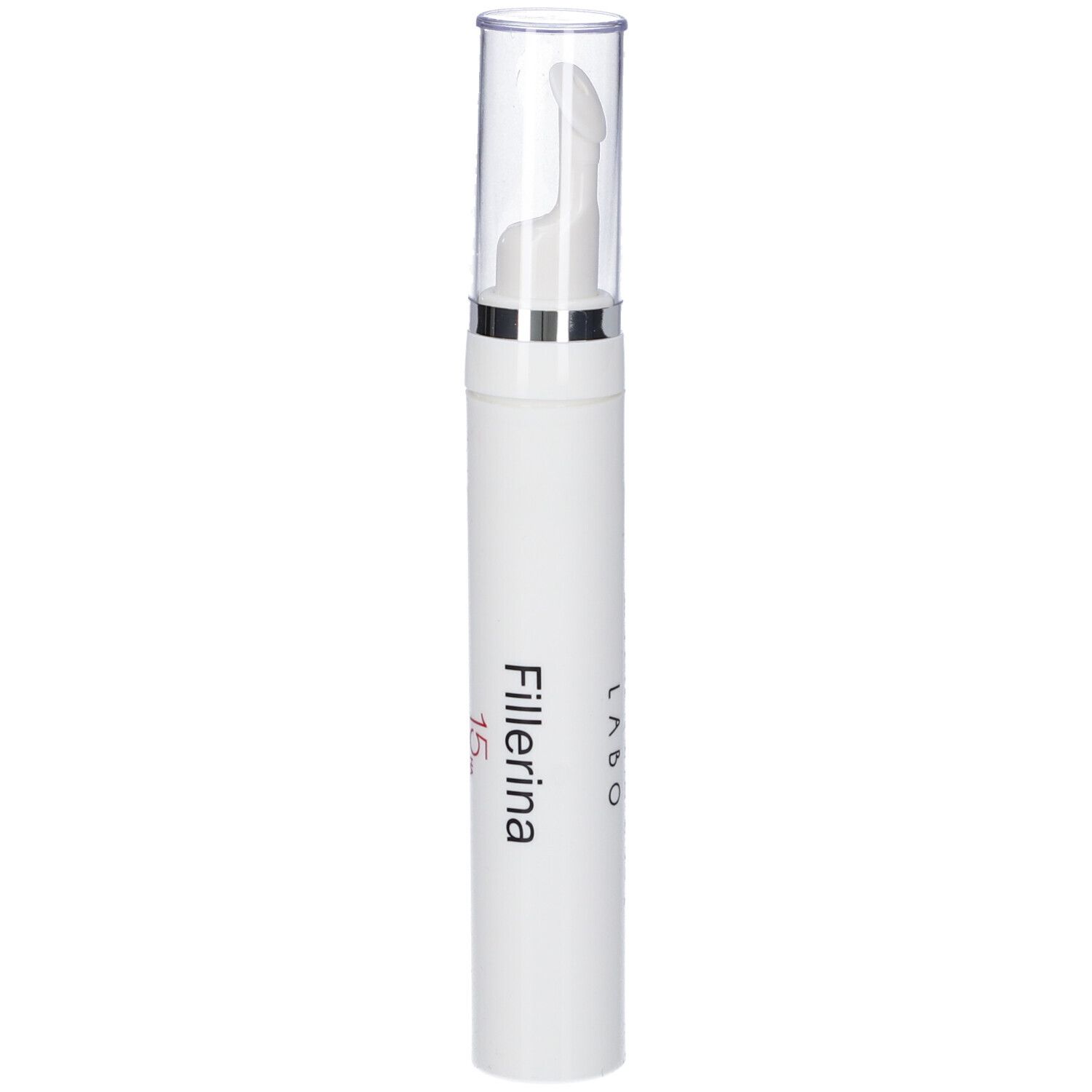 Cilindro bianco con tappo trasparente. Scritta: Fillerina 15.