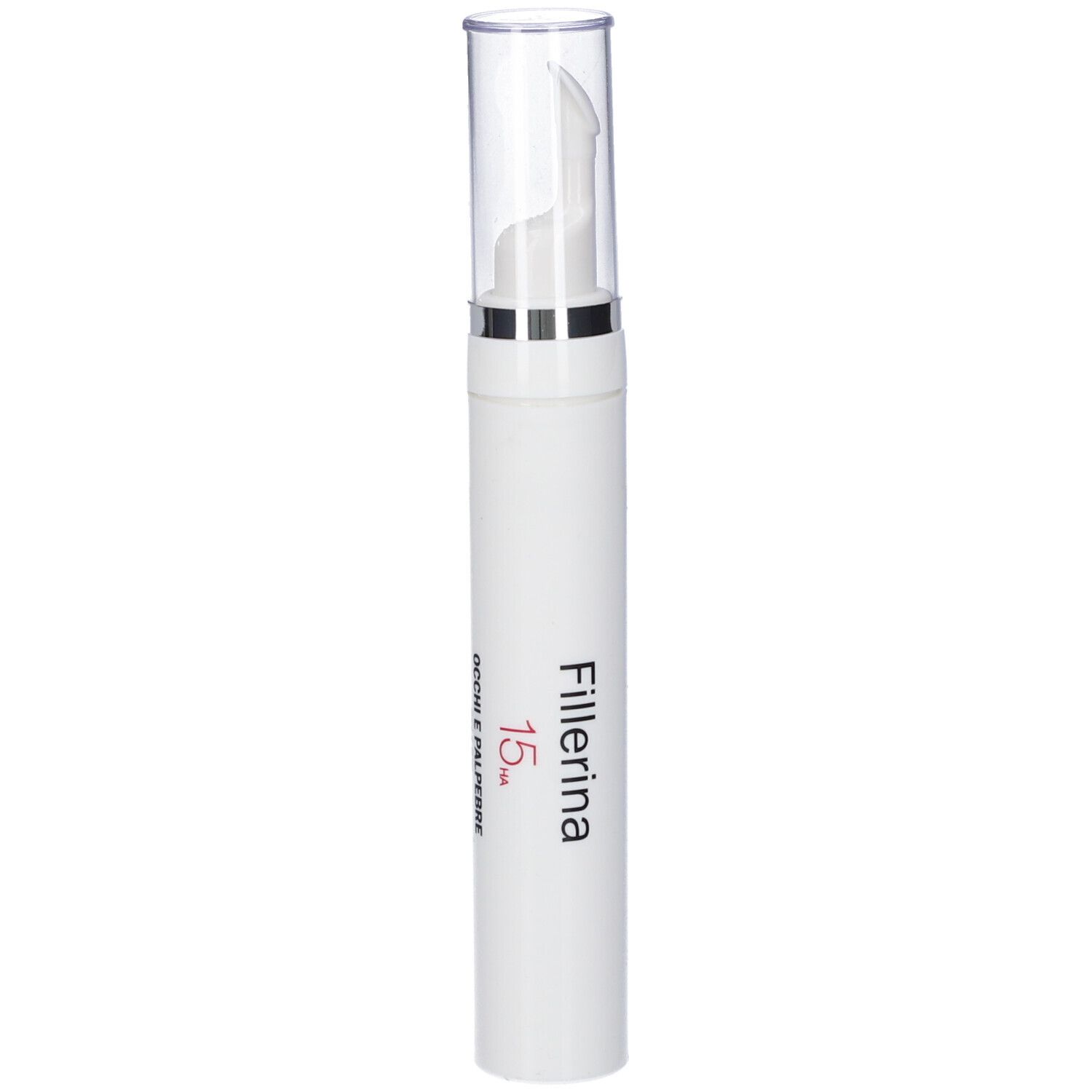 Cilindro bianco con tappo trasparente. Scritta: Fillerina 15.