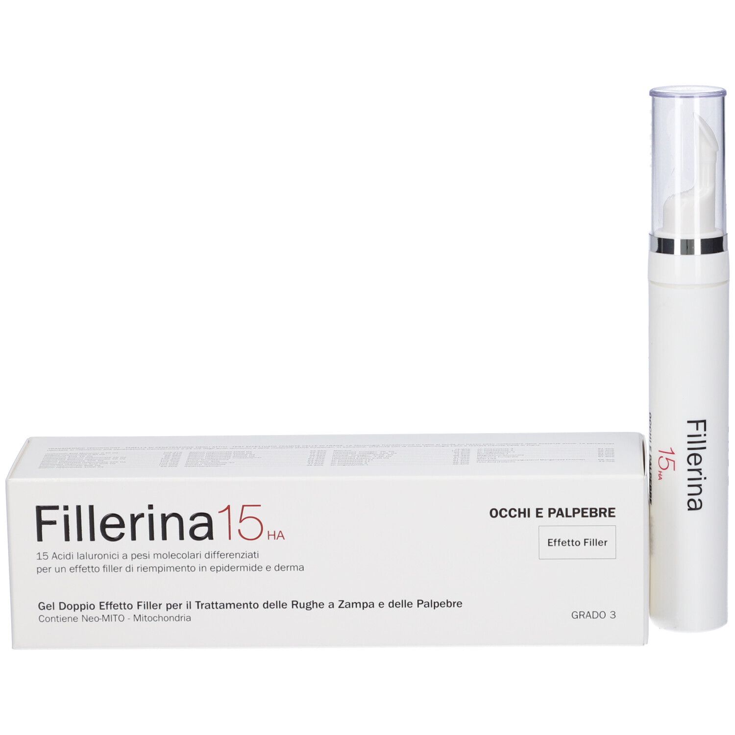 Prodotto e confezione. Cilindro bianco e scatola. Scritta: Fillerina 15 HA.