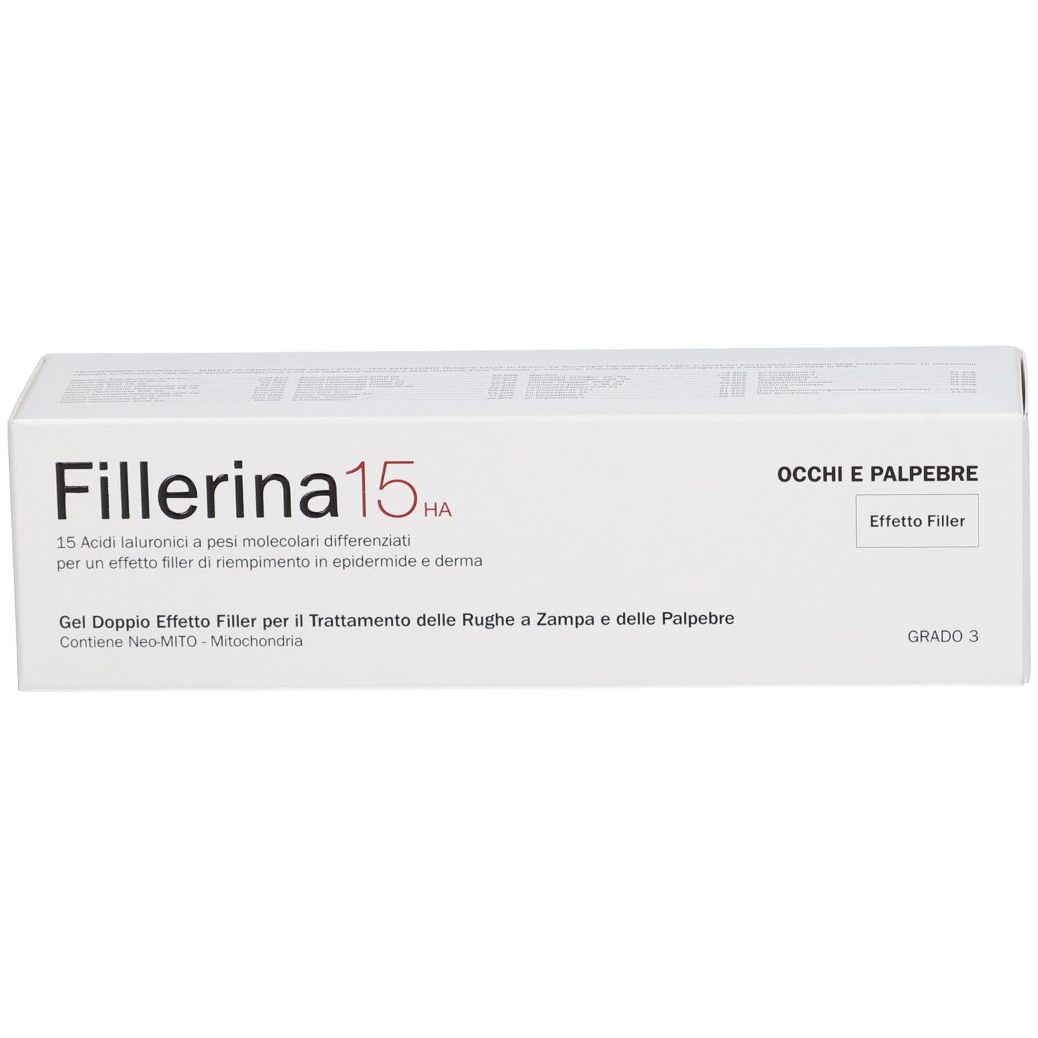 Confezione prodotto bianca. Scritta: Fillerina 15 HA, Occhi e Palpebre, Effetto Filler.