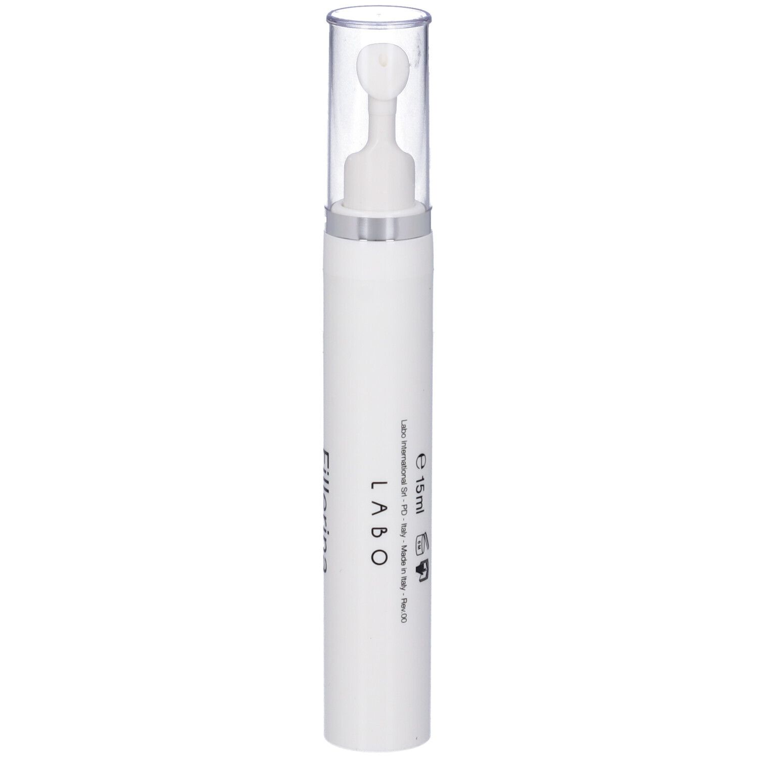 Penna bianca con tappo trasparente. Scritta: LABO, 15 ml.