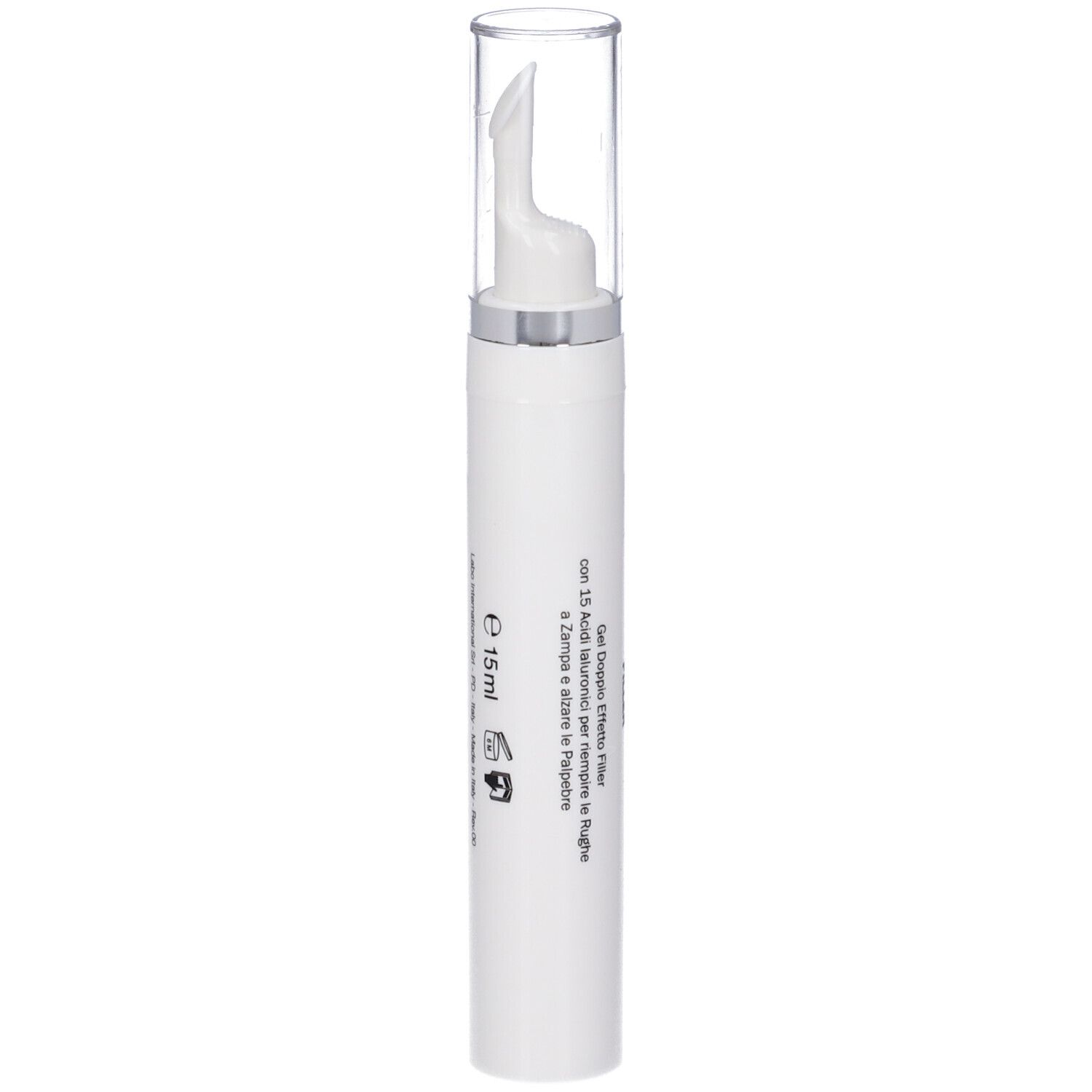 Penna bianca con cappuccio trasparente. Scritta: 15 ml, Gel Occhi Effetto Filler.